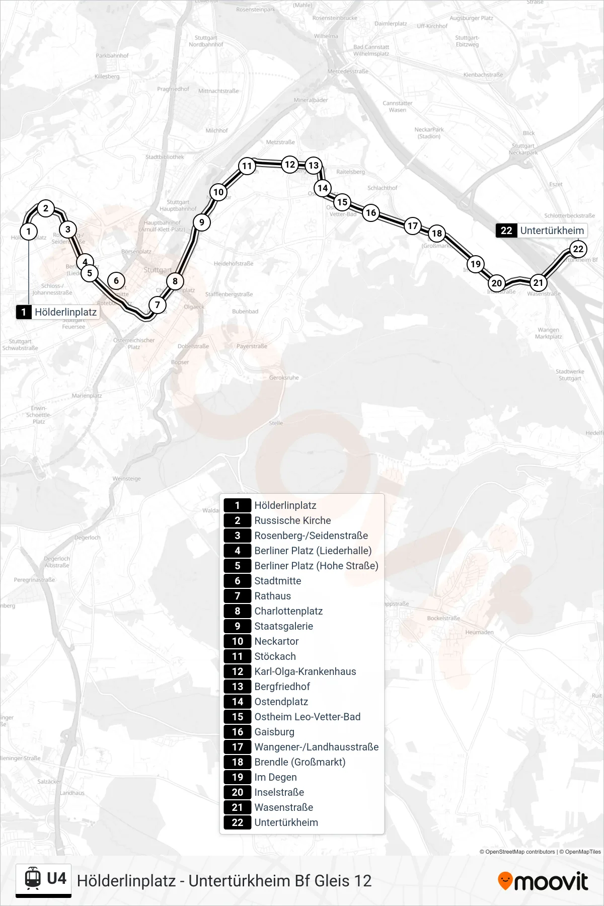 U4 light rail Line (Untertürkheim) route and stops on a map