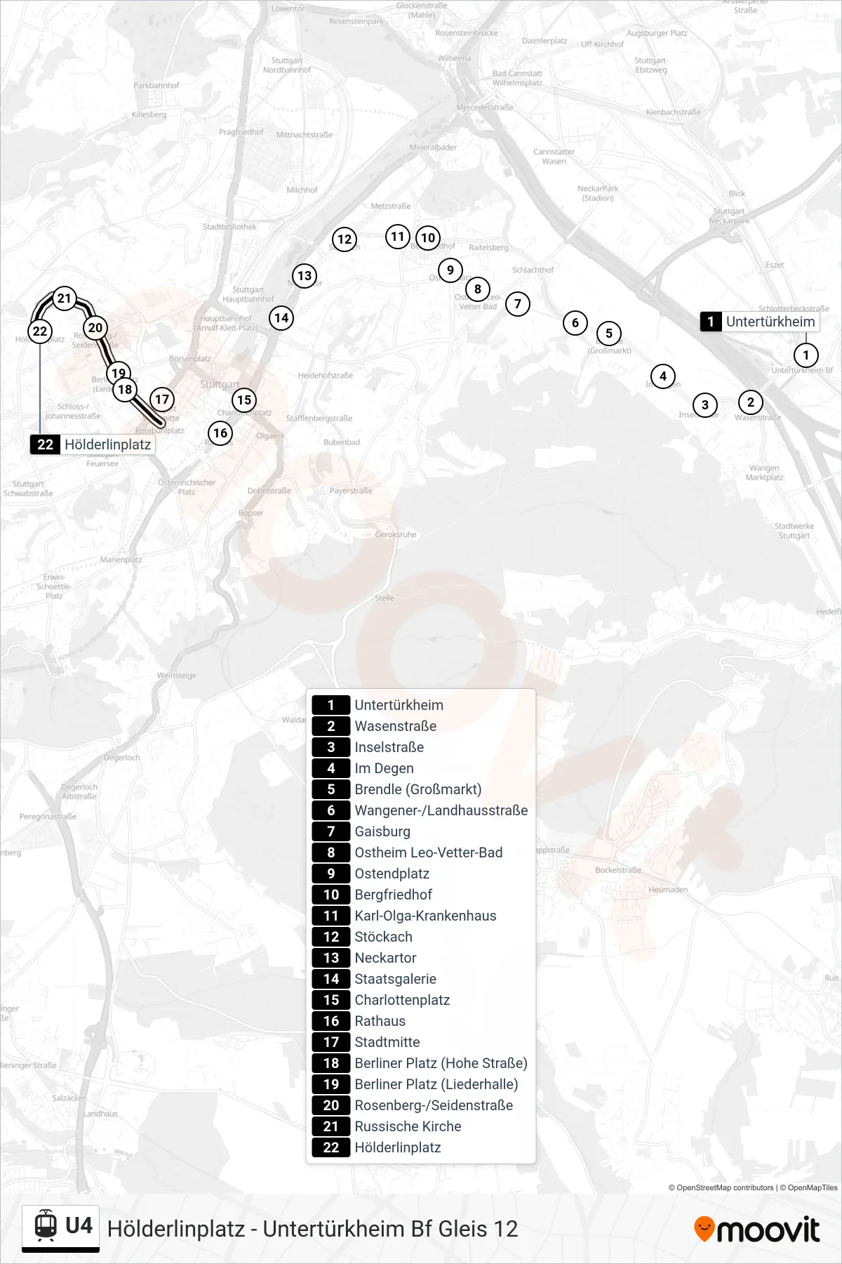 U4 light rail Line (Hölderlinplatz) route and stops on a map