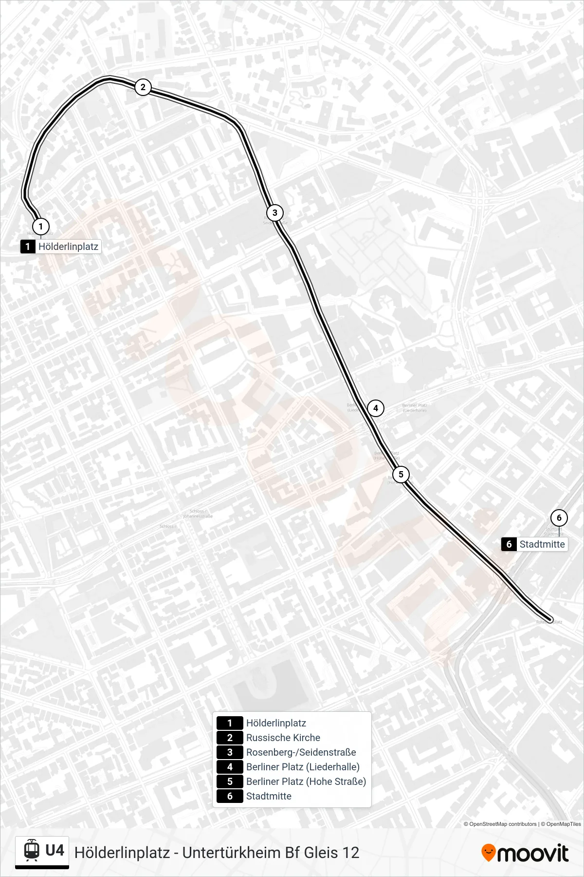Linie U4 (Straßenbahn) Richtung Stadtmitte: Route und Haltestellen auf der Karte