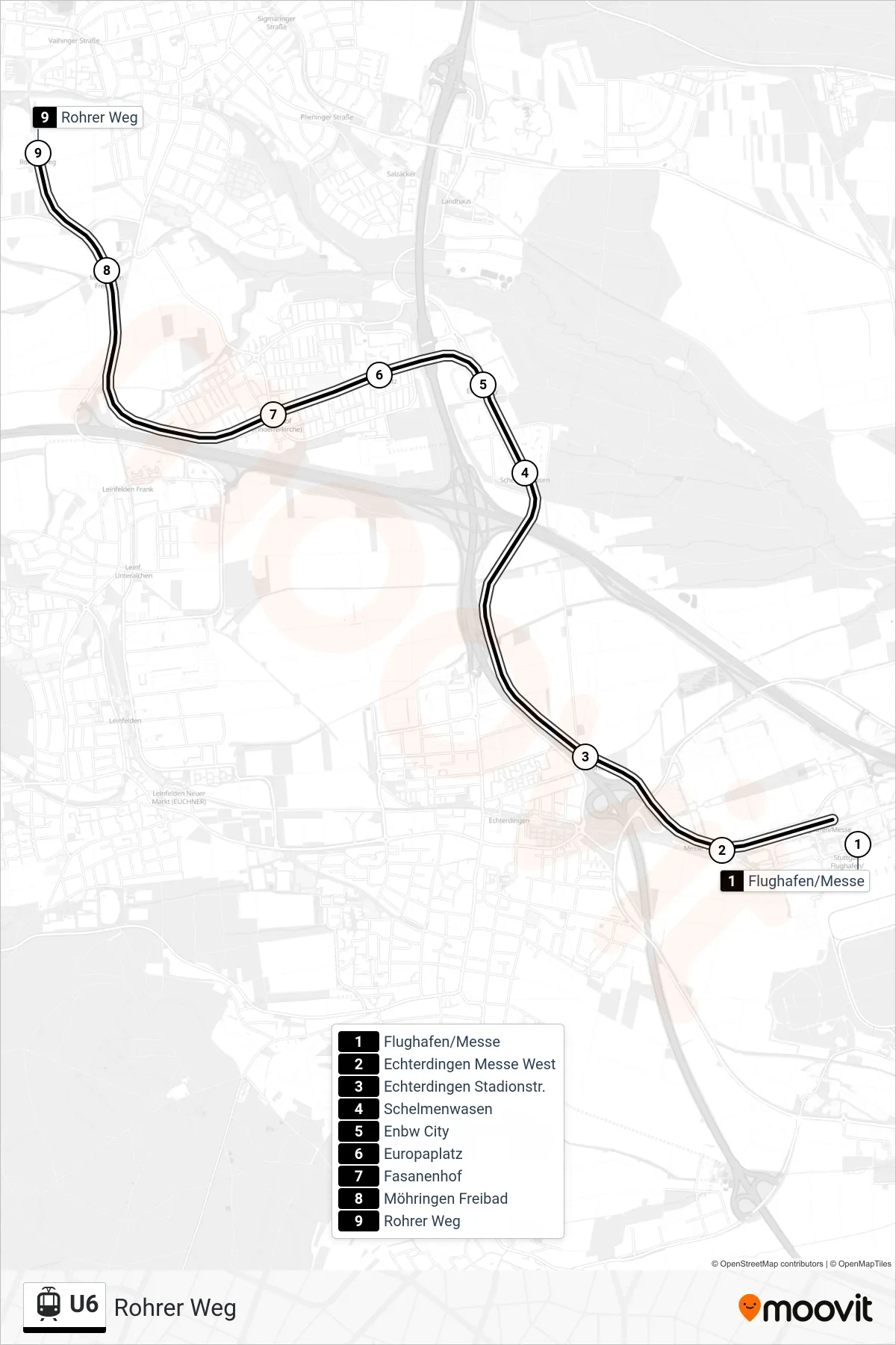 Linie U6 (Straßenbahn) Richtung Rohrer Weg: Route und Haltestellen auf der Karte