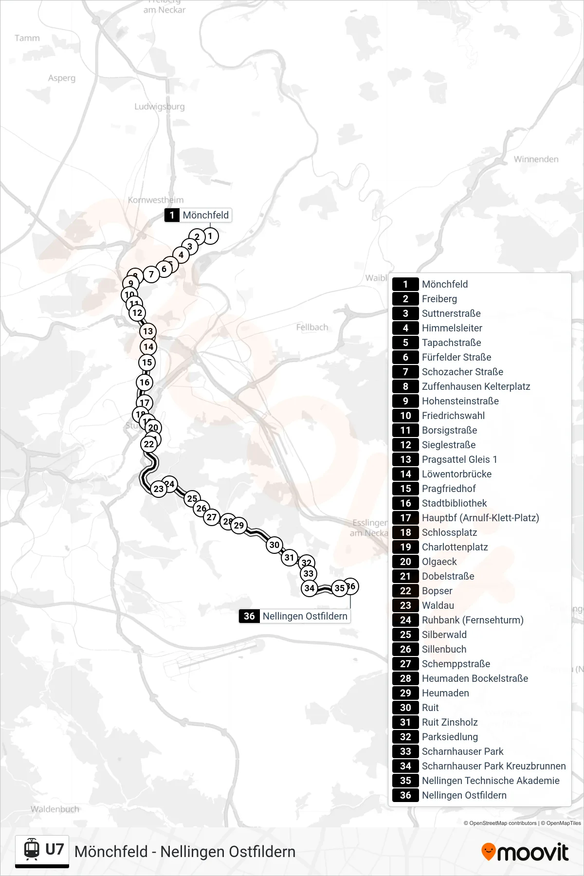 Linie U7 (Straßenbahn) Richtung Nellingen Ostfildern: Route und Haltestellen auf der Karte