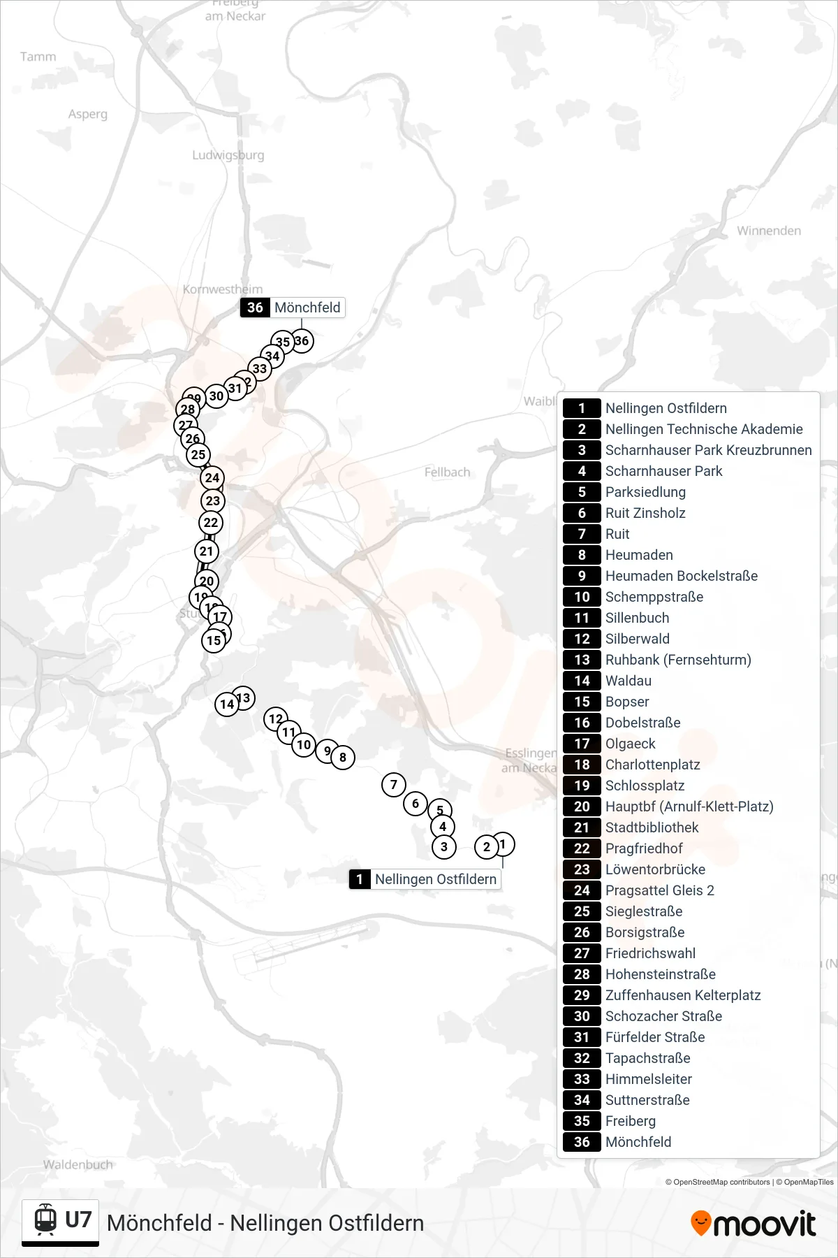 U7 light rail Line (Mönchfeld) route and stops on a map