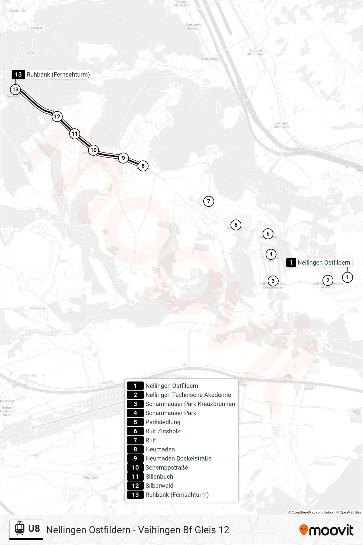 U8 tram Line (Ruhbank (Fernsehturm)) route and stops on a map