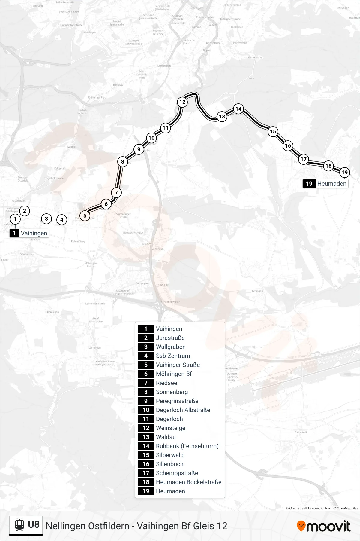 U8 light rail Line (Heumaden) route and stops on a map
