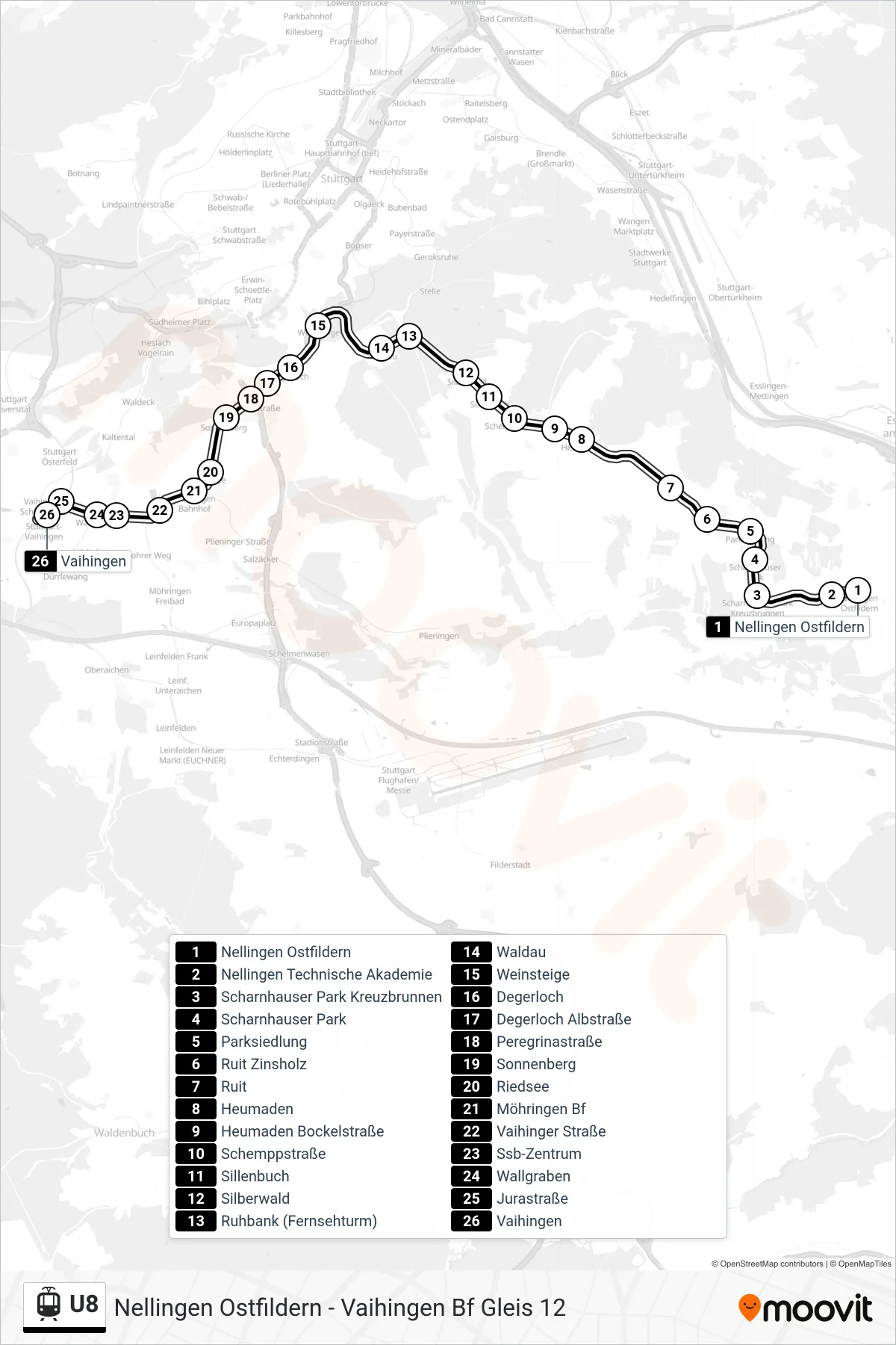 U8 light rail Line (Vaihingen) route and stops on a map