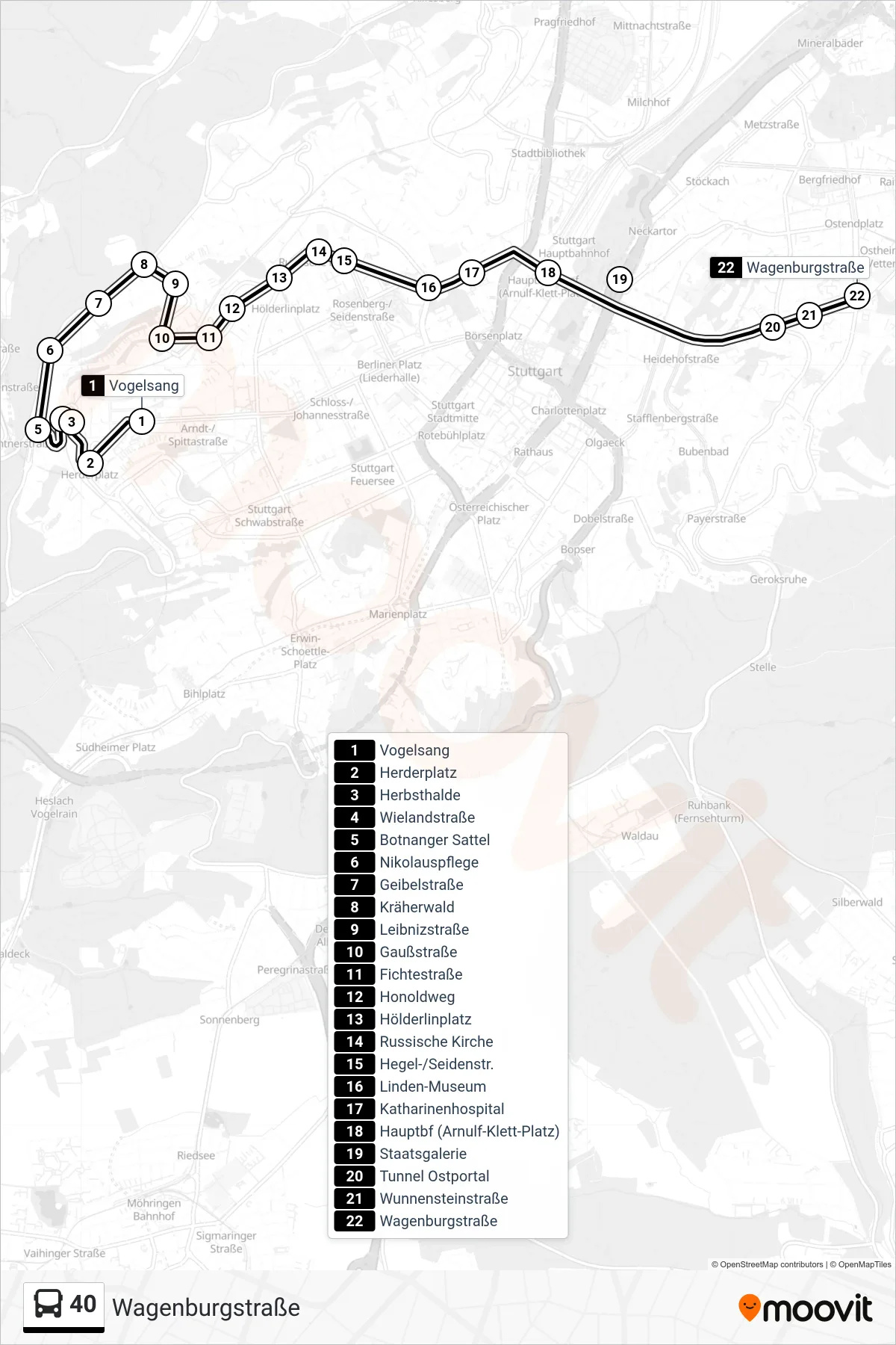 Linie 40 (Tram) Richtung Wagenburgstraße: Route und Haltestellen auf der Karte