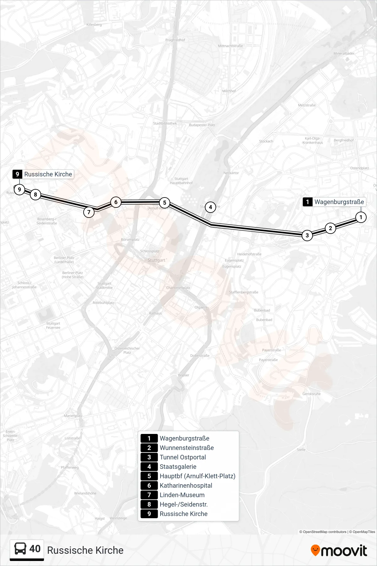 40 tram Line (Russische Kirche) route and stops on a map