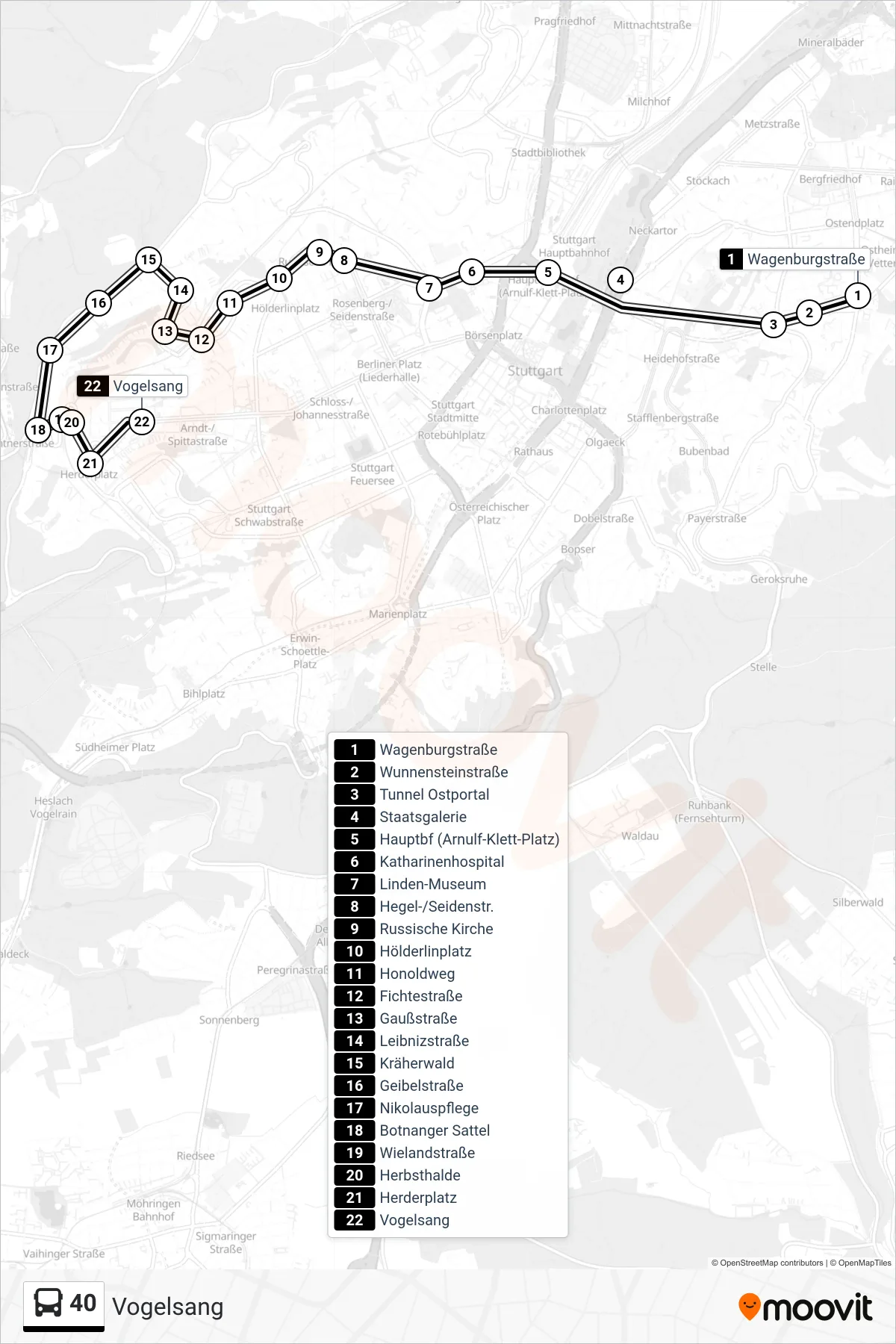 40 tram Line (Vogelsang) route and stops on a map