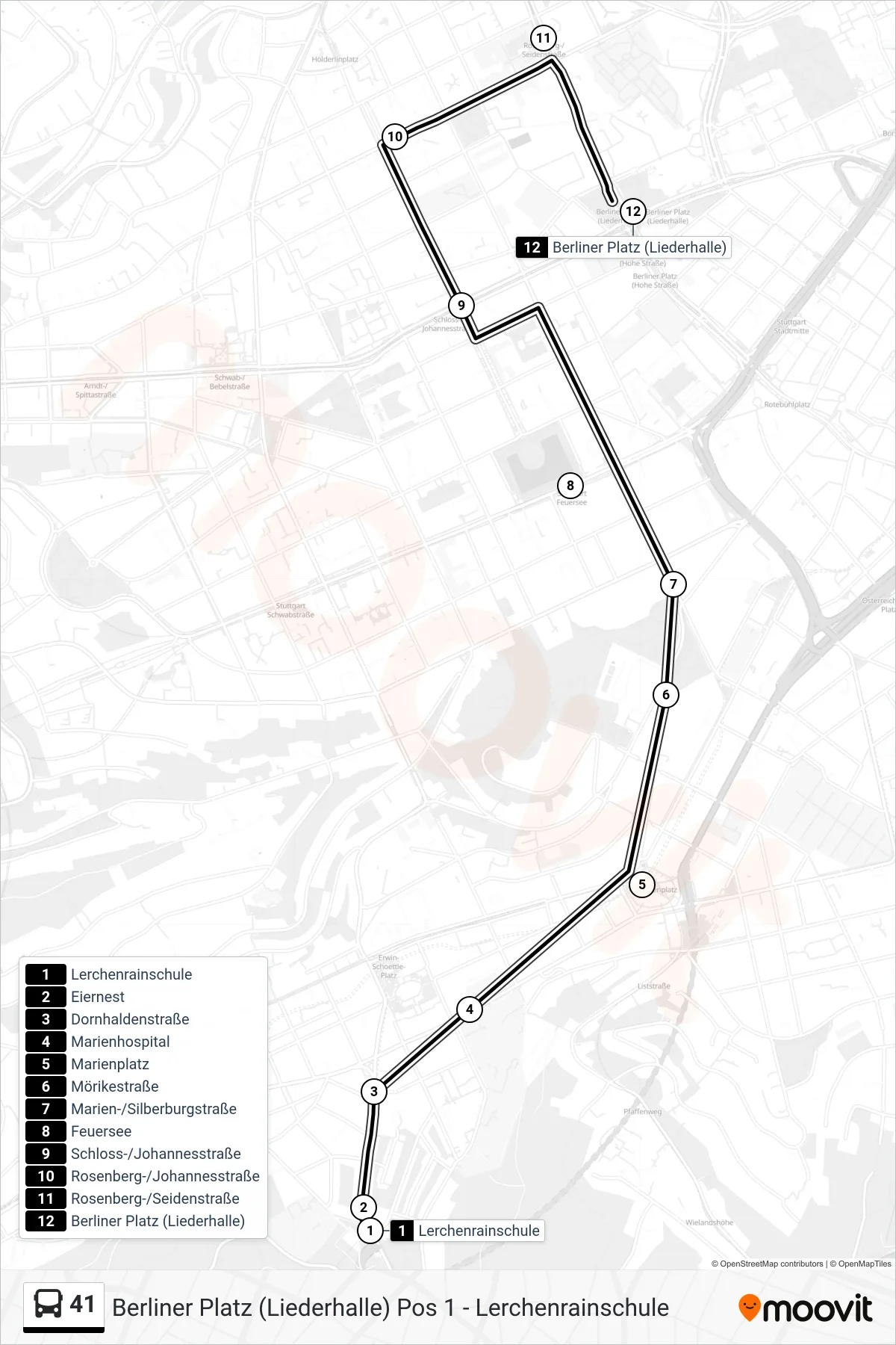 Linie 41 (Tram) Richtung Berliner Platz (Liederhalle): Route und Haltestellen auf der Karte