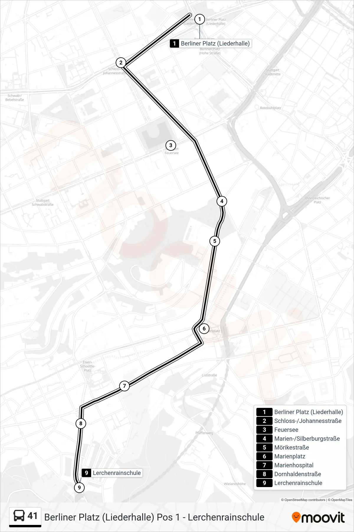 41 tram Line (Lerchenrainschule) route and stops on a map