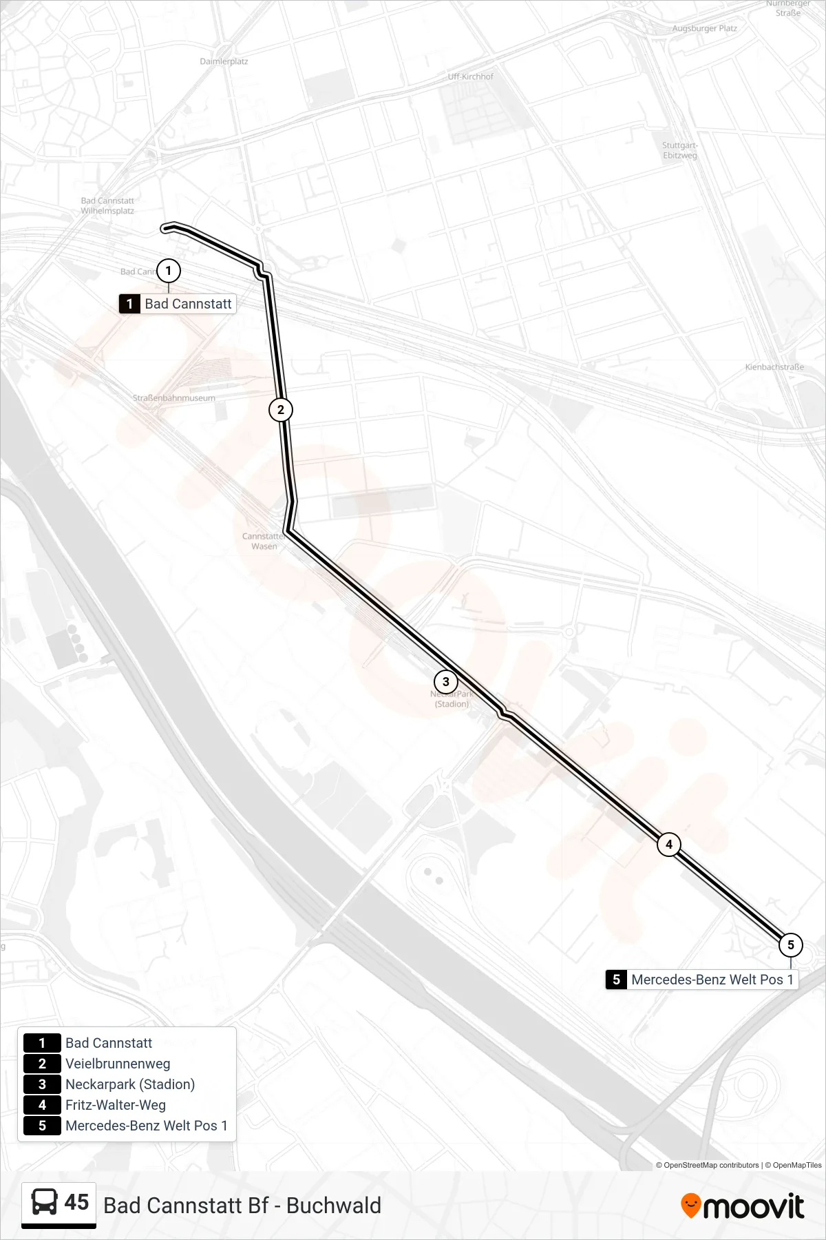 Linie 45 (Tram) Richtung Mercedes-Benz Welt: Route und Haltestellen auf der Karte