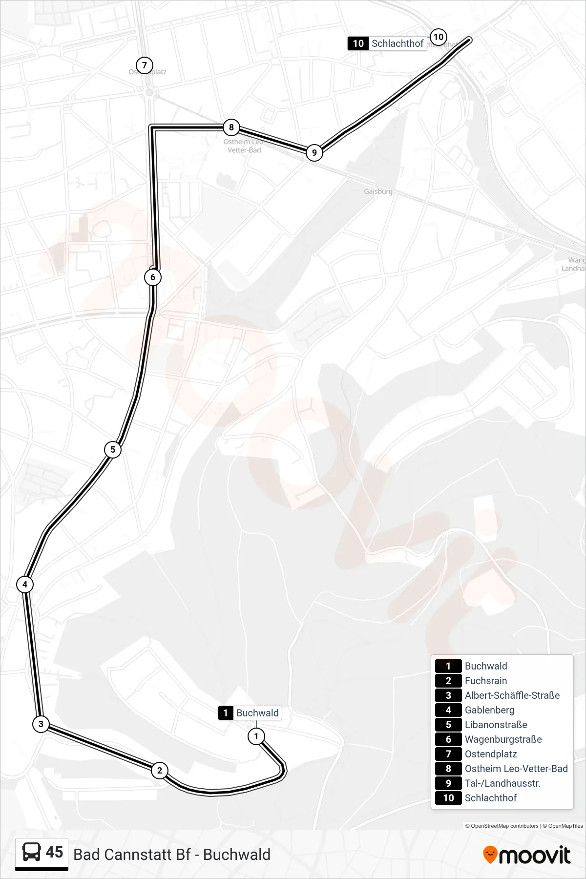 45 tram Line (Schlachthof) route and stops on a map