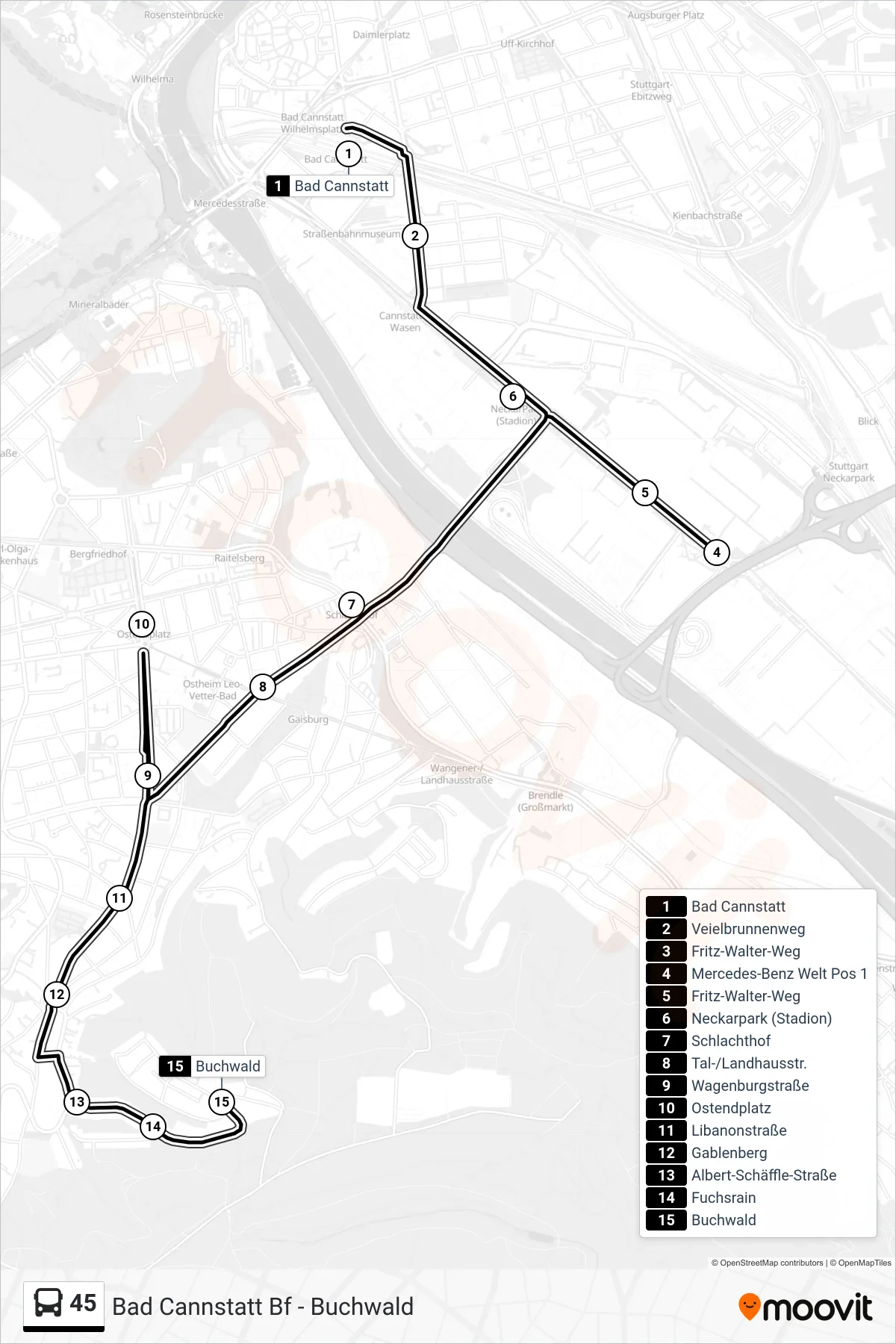 45 tram Line (Buchwald) route and stops on a map