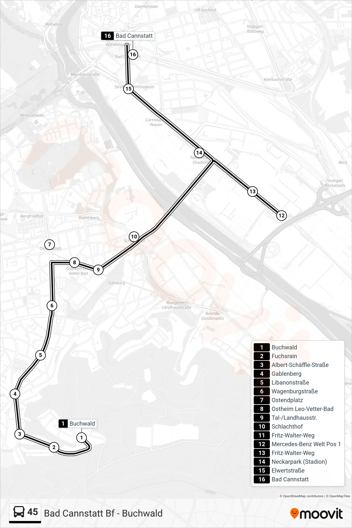 45 tram Line (Bad Cannstatt) route and stops on a map