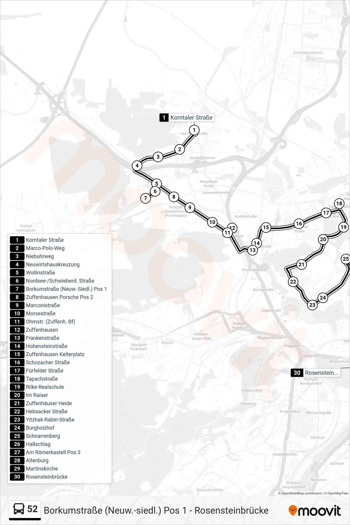 Linie 52 (Tram) Richtung Rosensteinbrücke: Route und Haltestellen auf der Karte