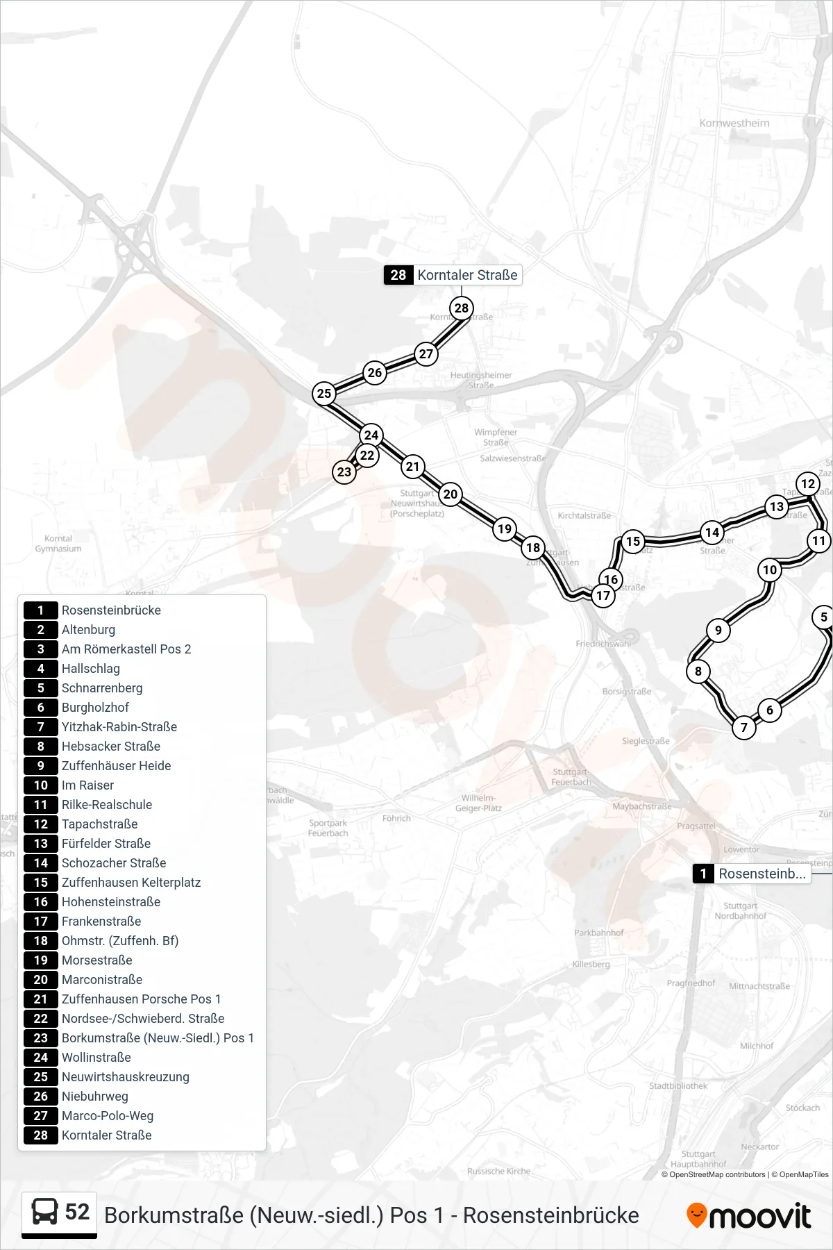52 tram Line (Korntaler Straße) route and stops on a map