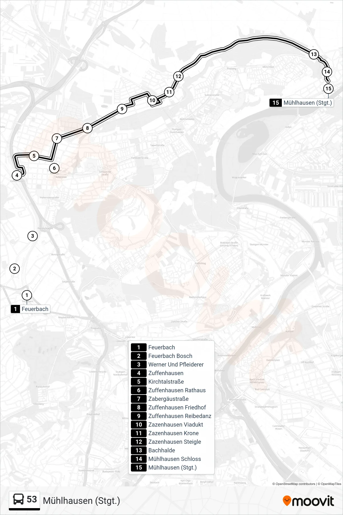 53 tram Line (Mühlhausen (Stgt.)) route and stops on a map