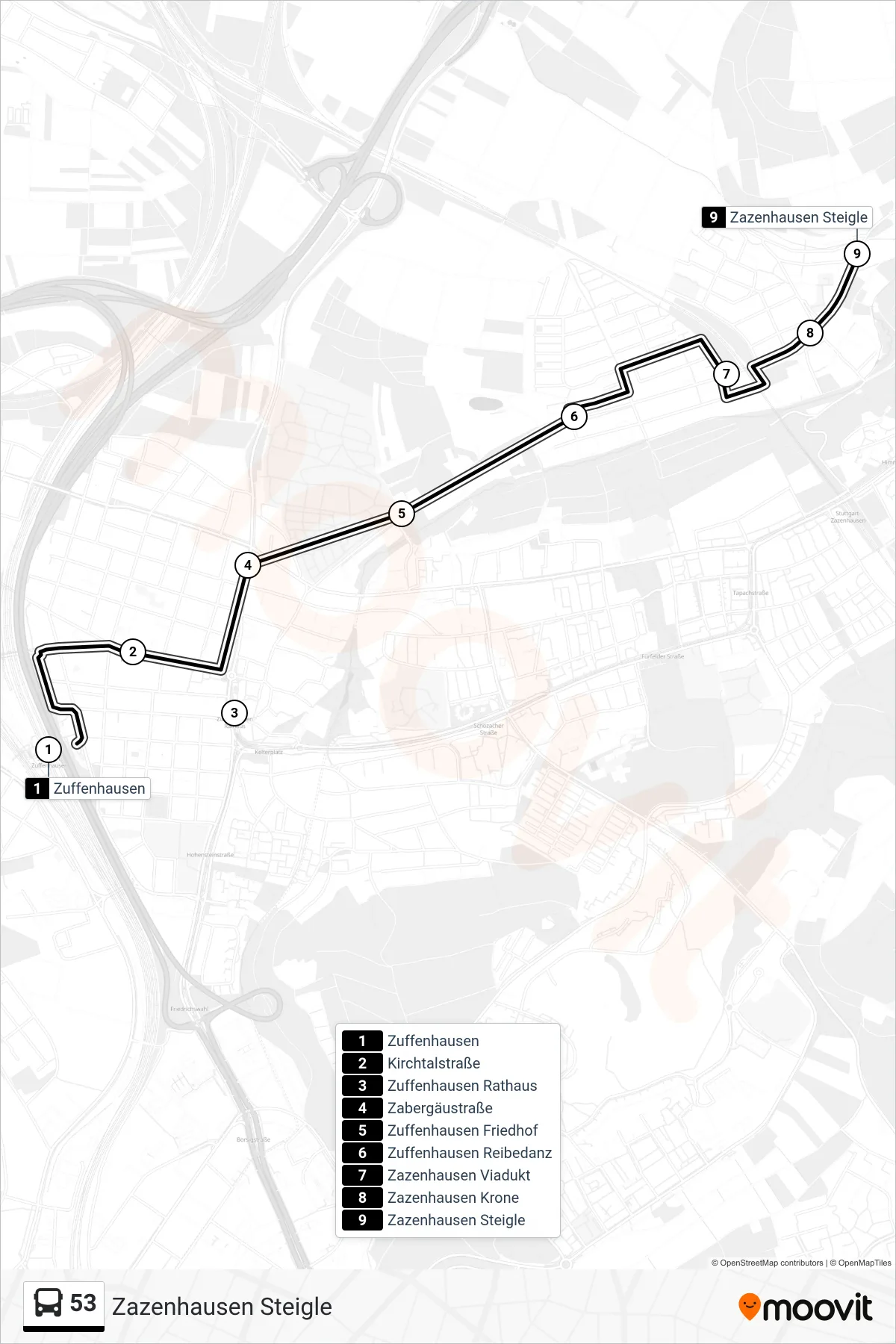 Linie 53 (Tram) Richtung Zazenhausen Steigle: Route und Haltestellen auf der Karte