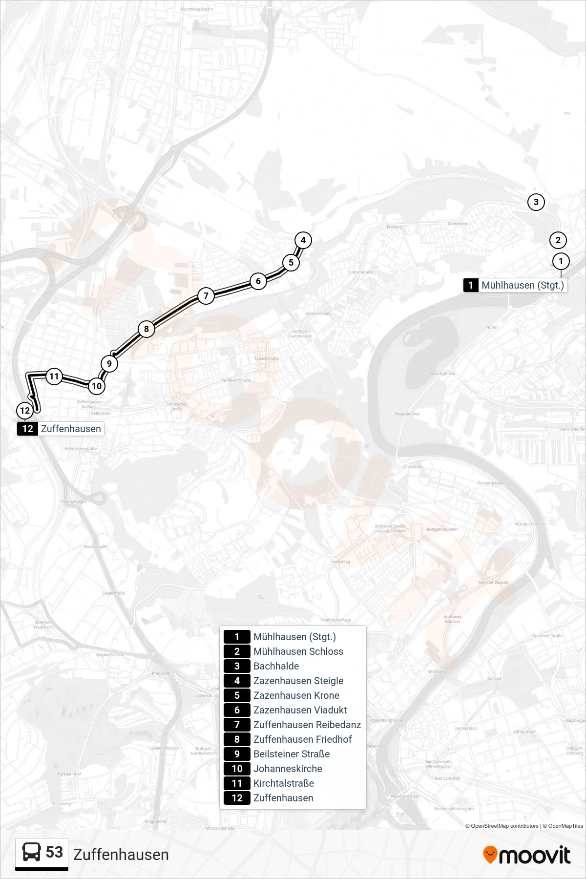53 tram Line (Zuffenhausen) route and stops on a map