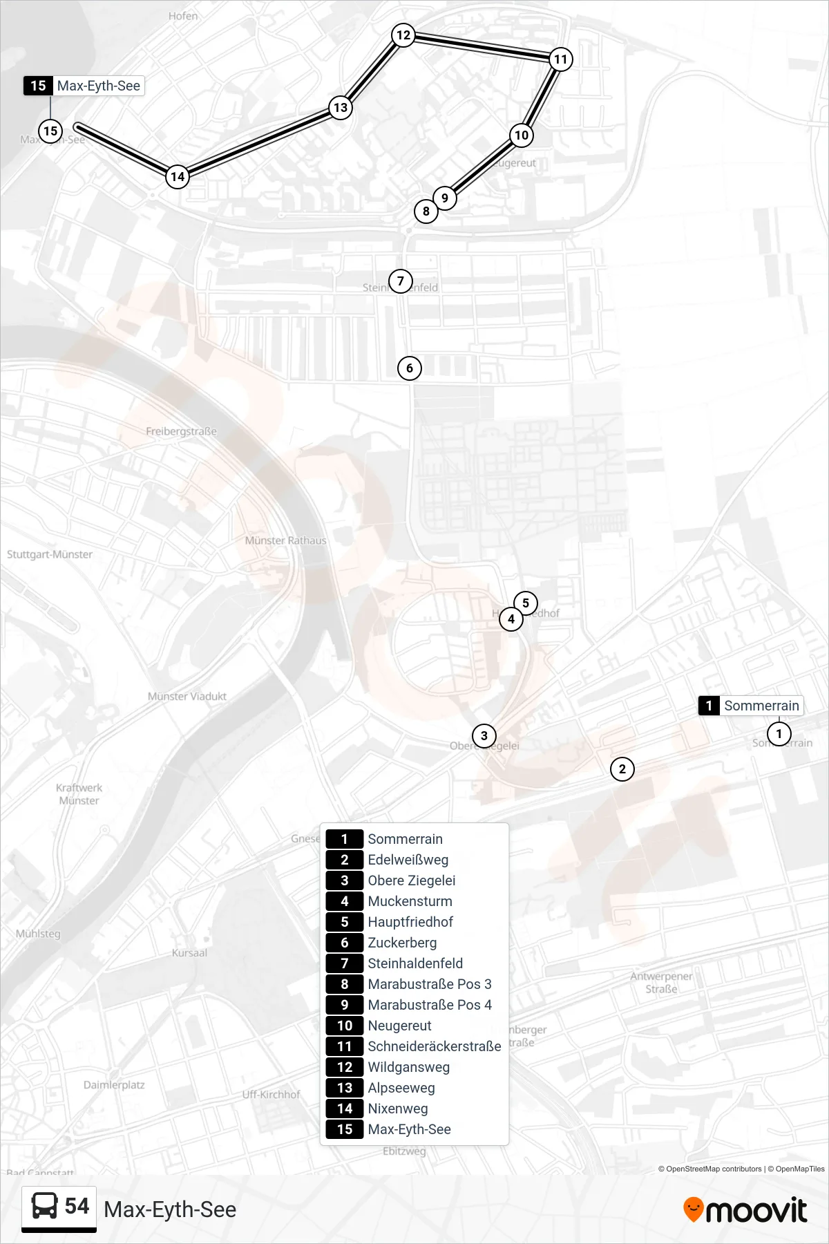 Linie 54 (Tram) Richtung Max-Eyth-See: Route und Haltestellen auf der Karte