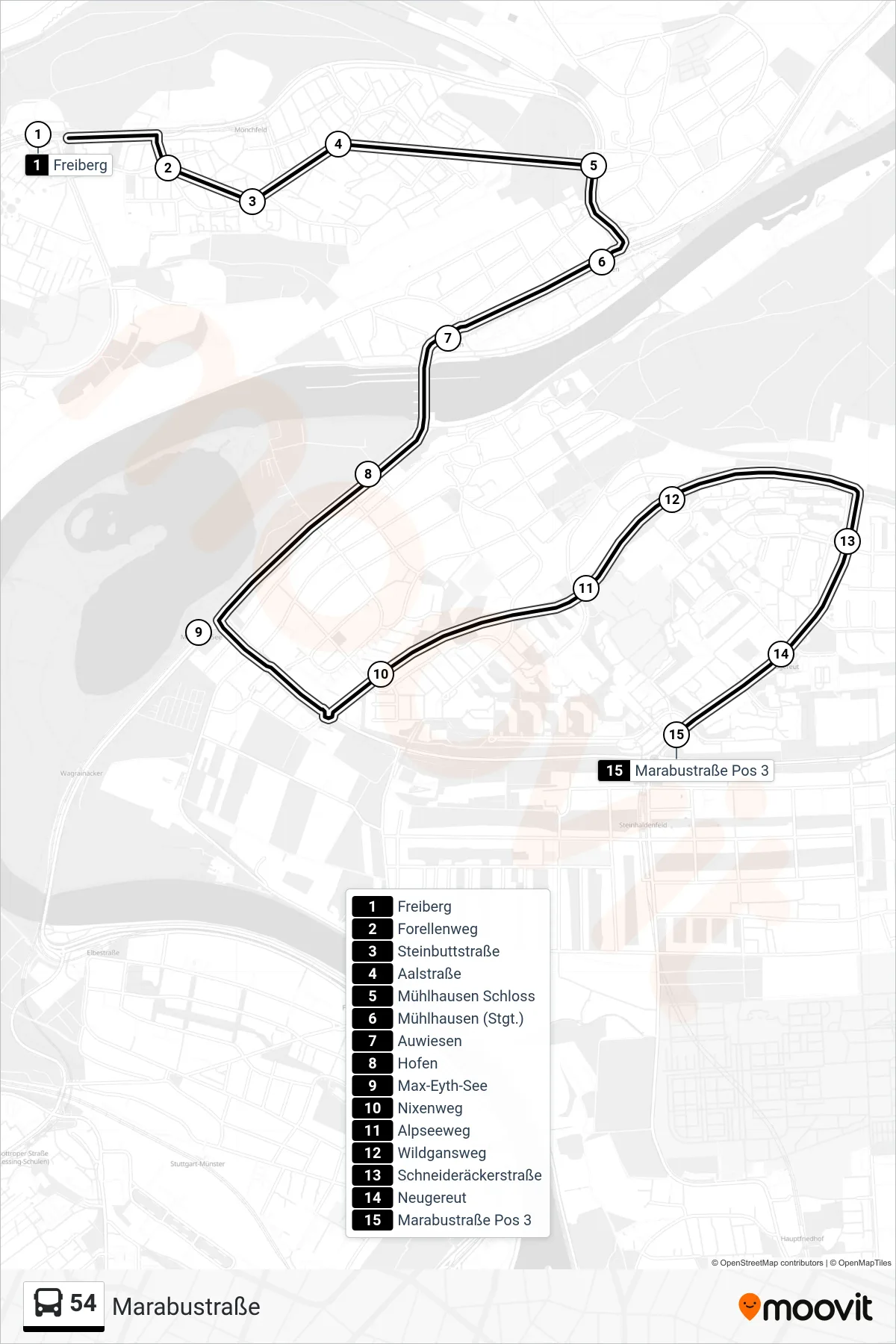 54 tram Line (Marabustraße) route and stops on a map