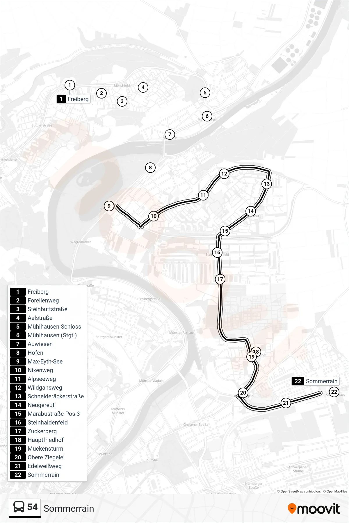 54 tram Line (Sommerrain) route and stops on a map