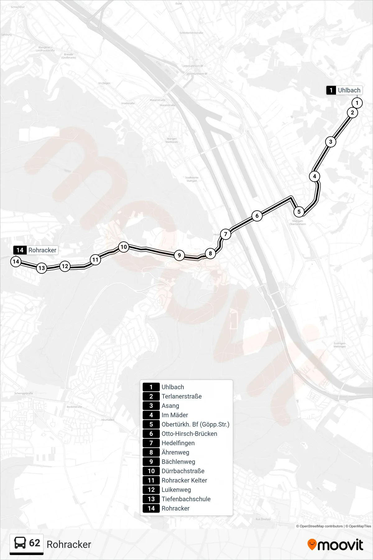 Linie 62 (Tram) Richtung Rohracker: Route und Haltestellen auf der Karte