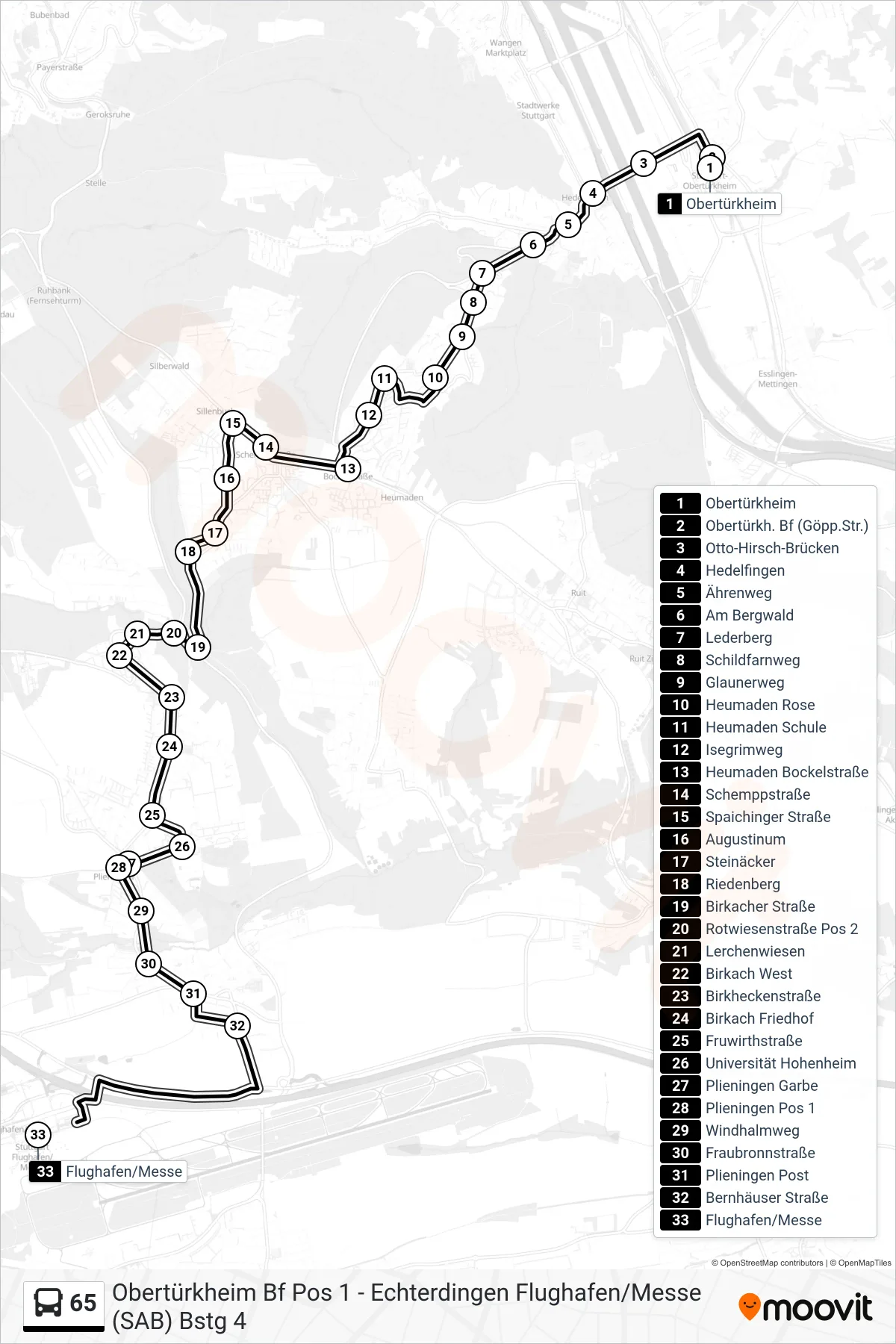 65 tram Line (Flughafen/Messe) route and stops on a map