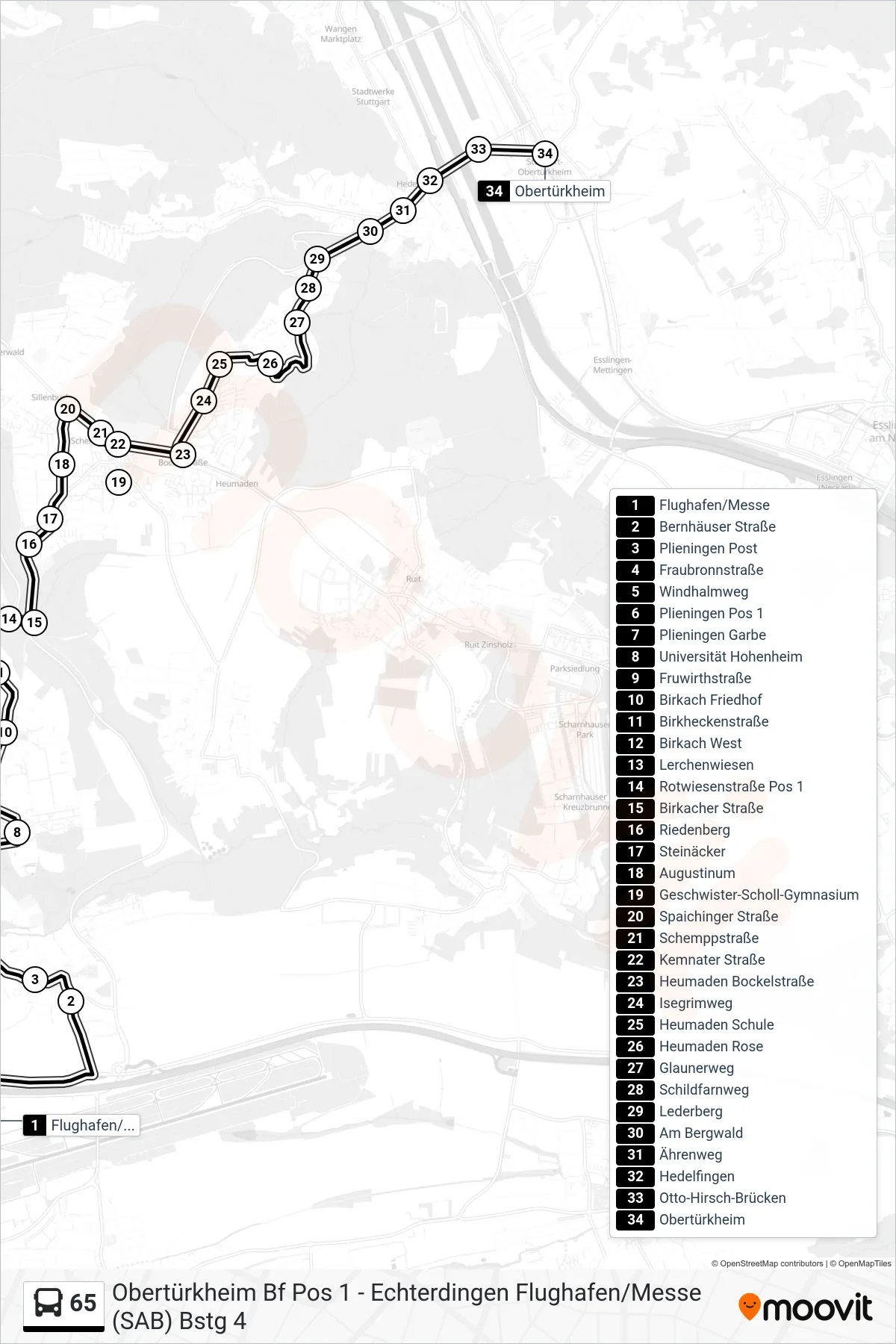 65 tram Line (Obertürkheim) route and stops on a map