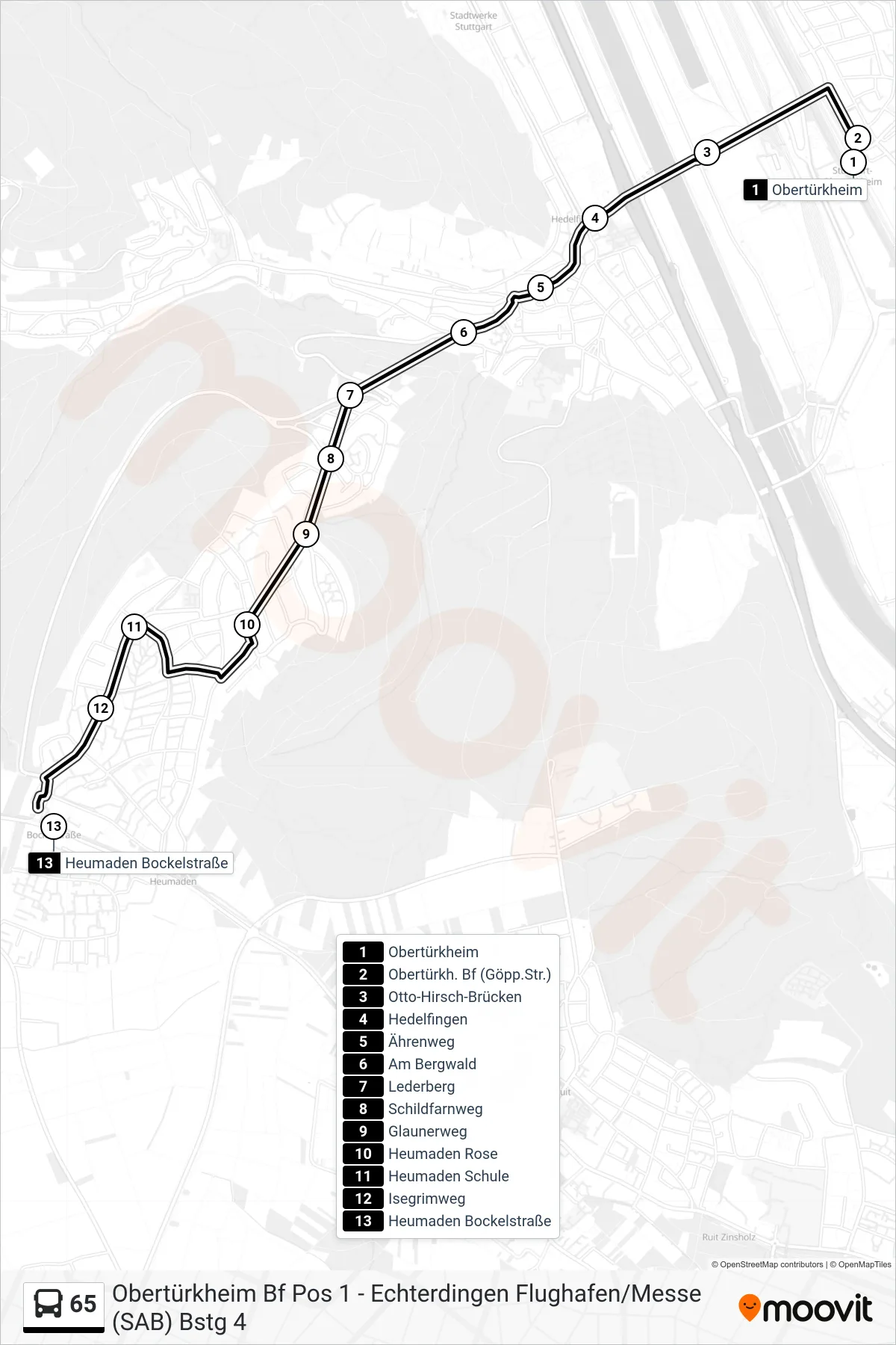 Linie 65 (Tram) Richtung Heumaden Bockelstraße: Route und Haltestellen auf der Karte