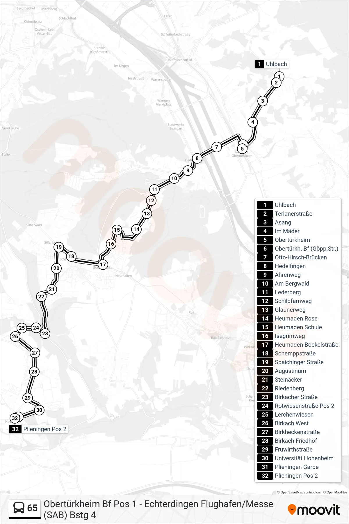 65 tram Line (Plieningen) route and stops on a map