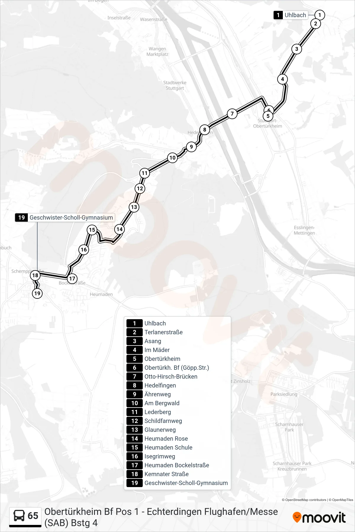 65 tram Line (Geschwister-Scholl-Gymnasium) route and stops on a map