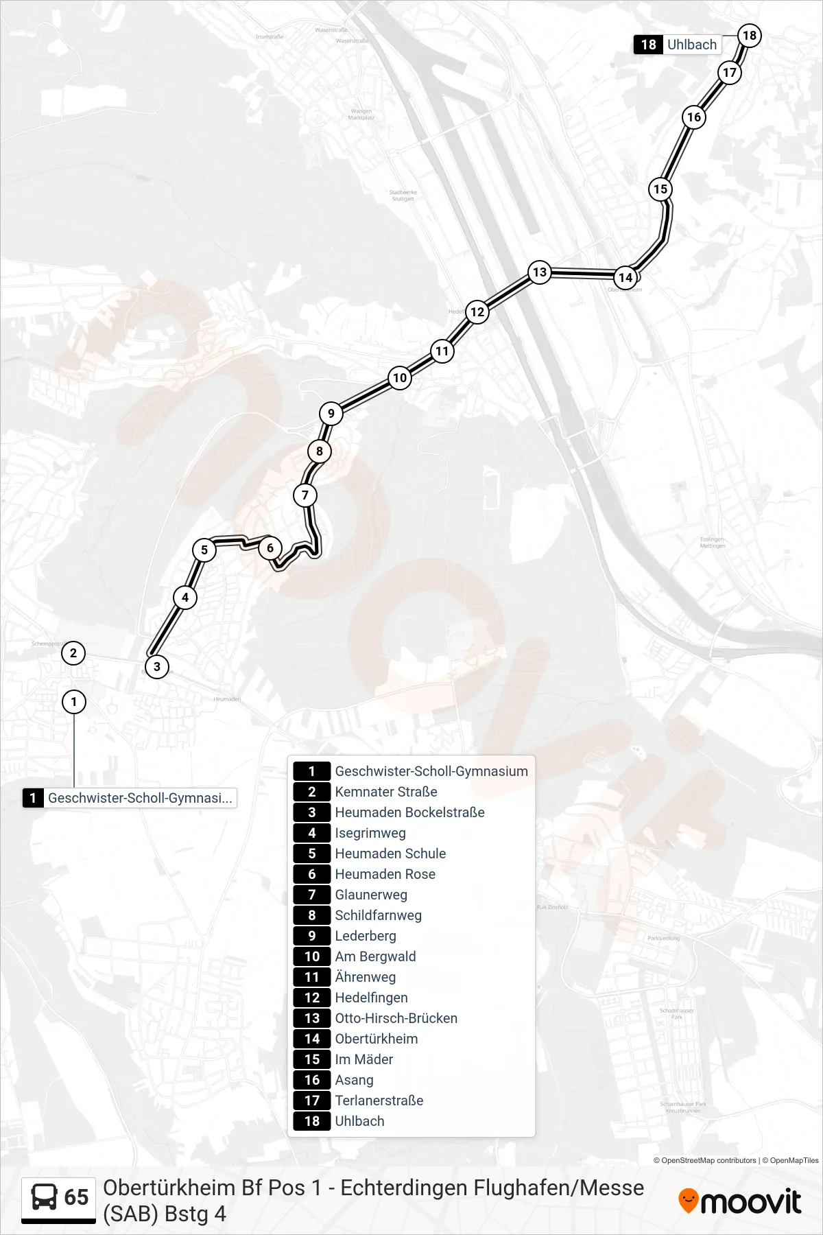 65 tram Line (Uhlbach) route and stops on a map