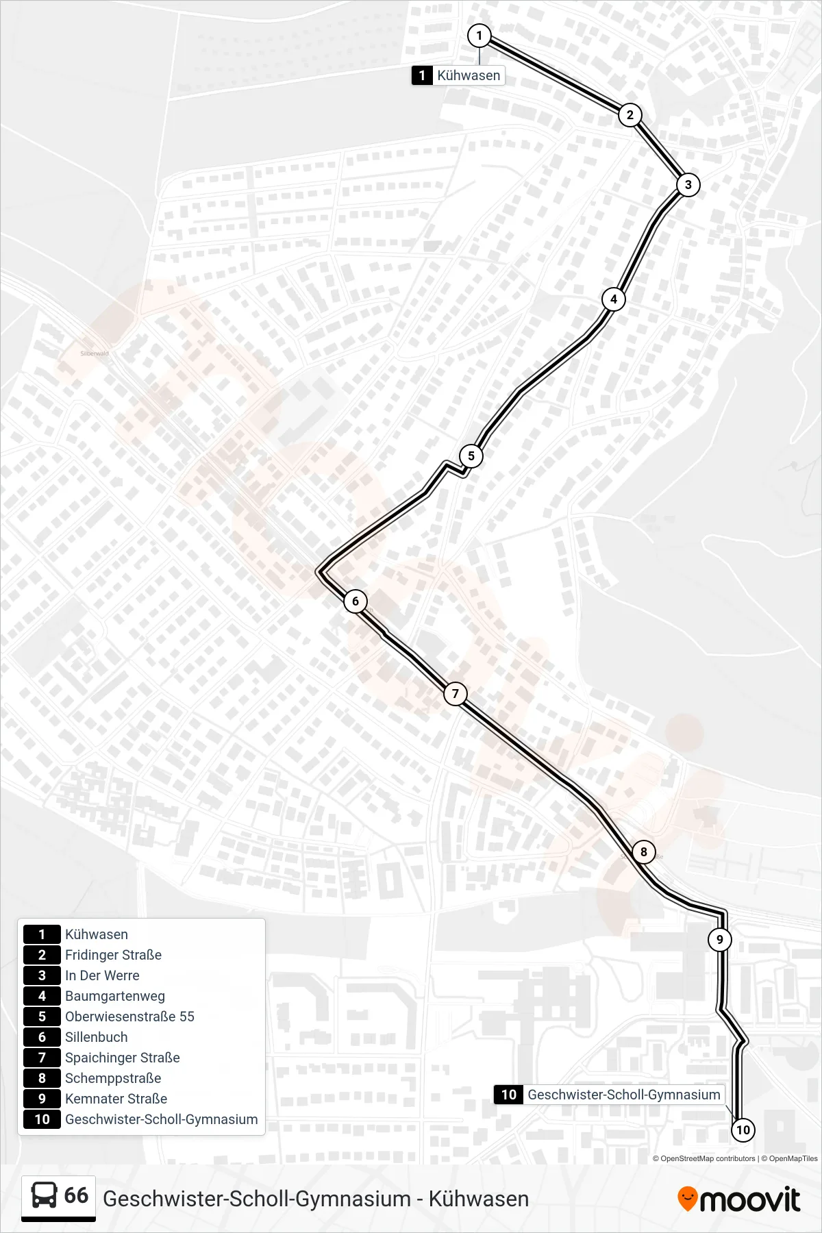 66 tram Line (Geschwister-Scholl-Gymnasium) route and stops on a map