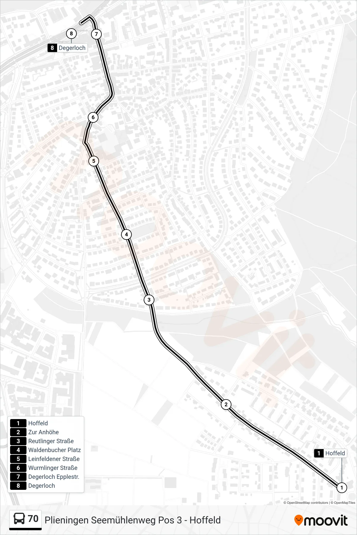 70 tram Line (Degerloch) route and stops on a map