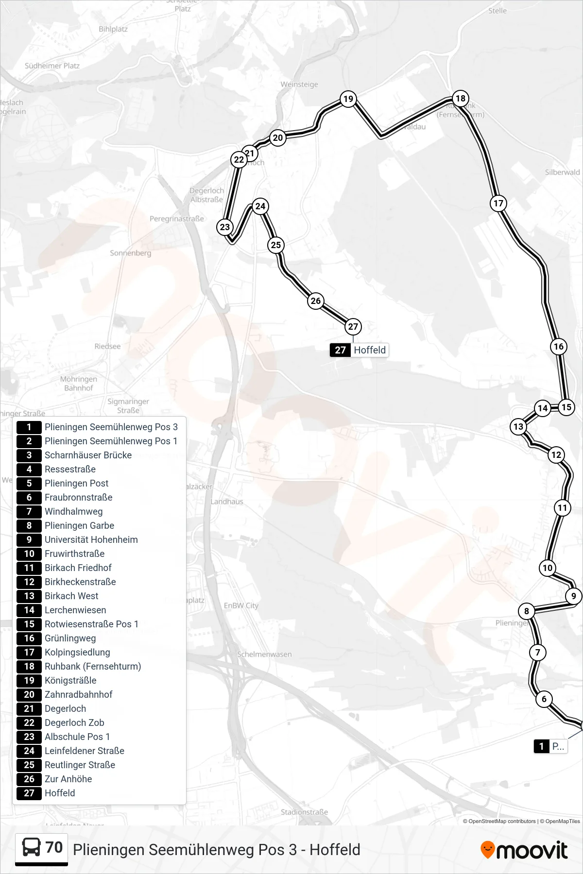 70 tram Line (Hoffeld) route and stops on a map