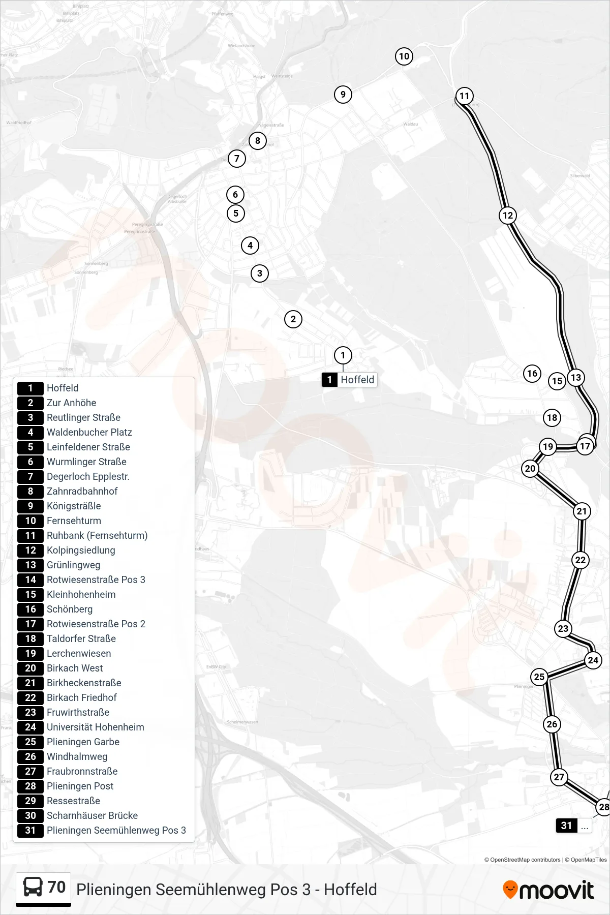70 tram Line (Plieningen Seemühlenweg) route and stops on a map