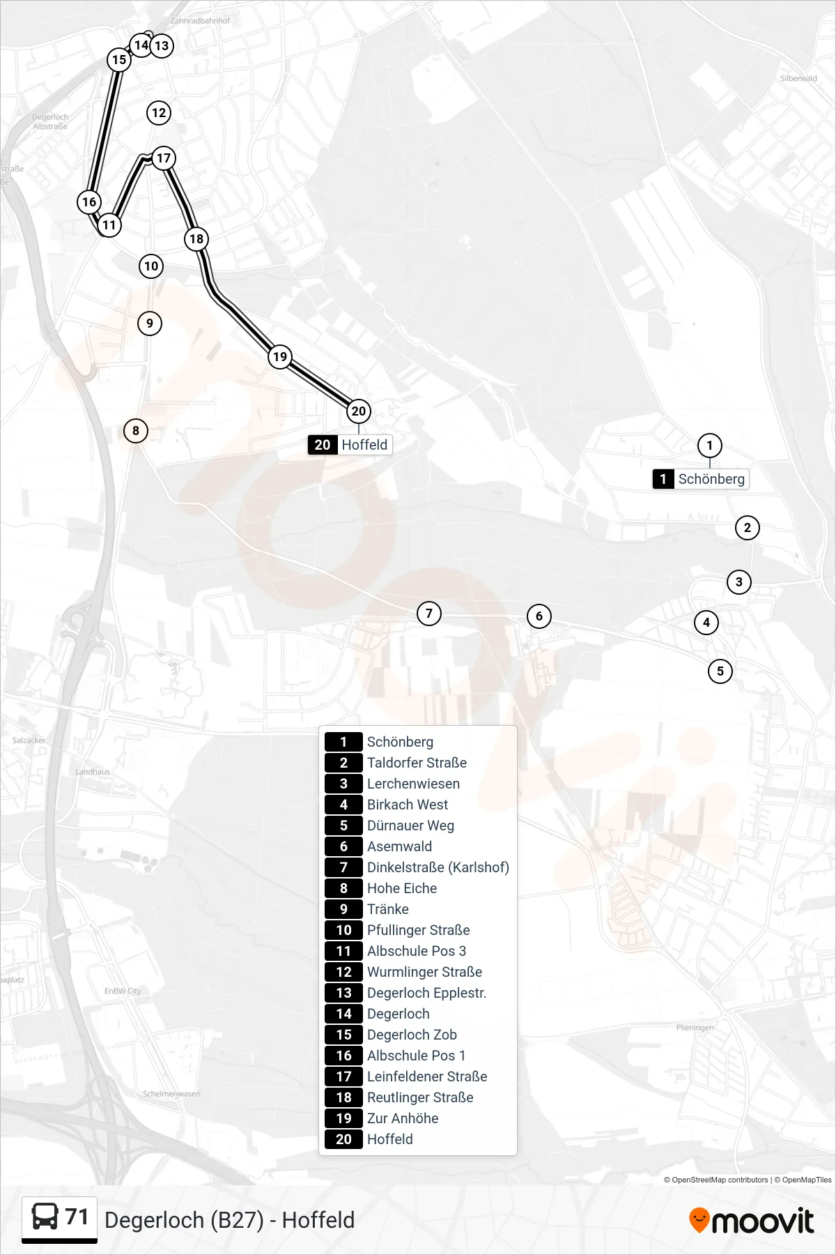 71 tram Line (Hoffeld) route and stops on a map