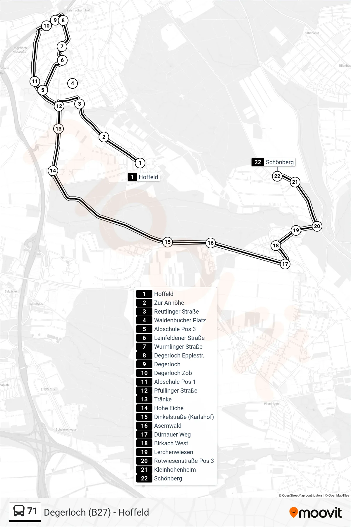 Linie 71 (Tram) Richtung Schönberg: Route und Haltestellen auf der Karte