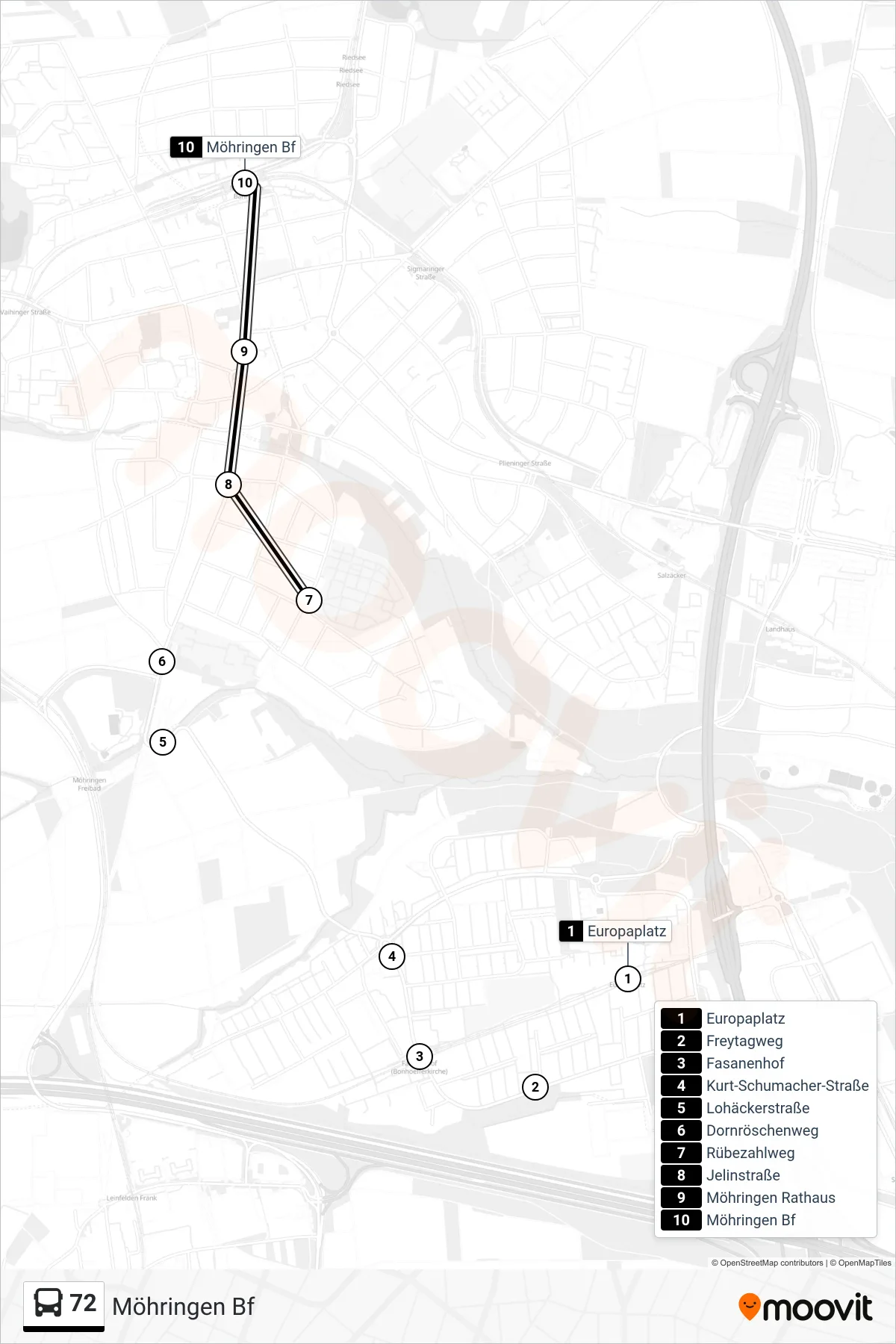 72 tram Line (Möhringen Bf) route and stops on a map
