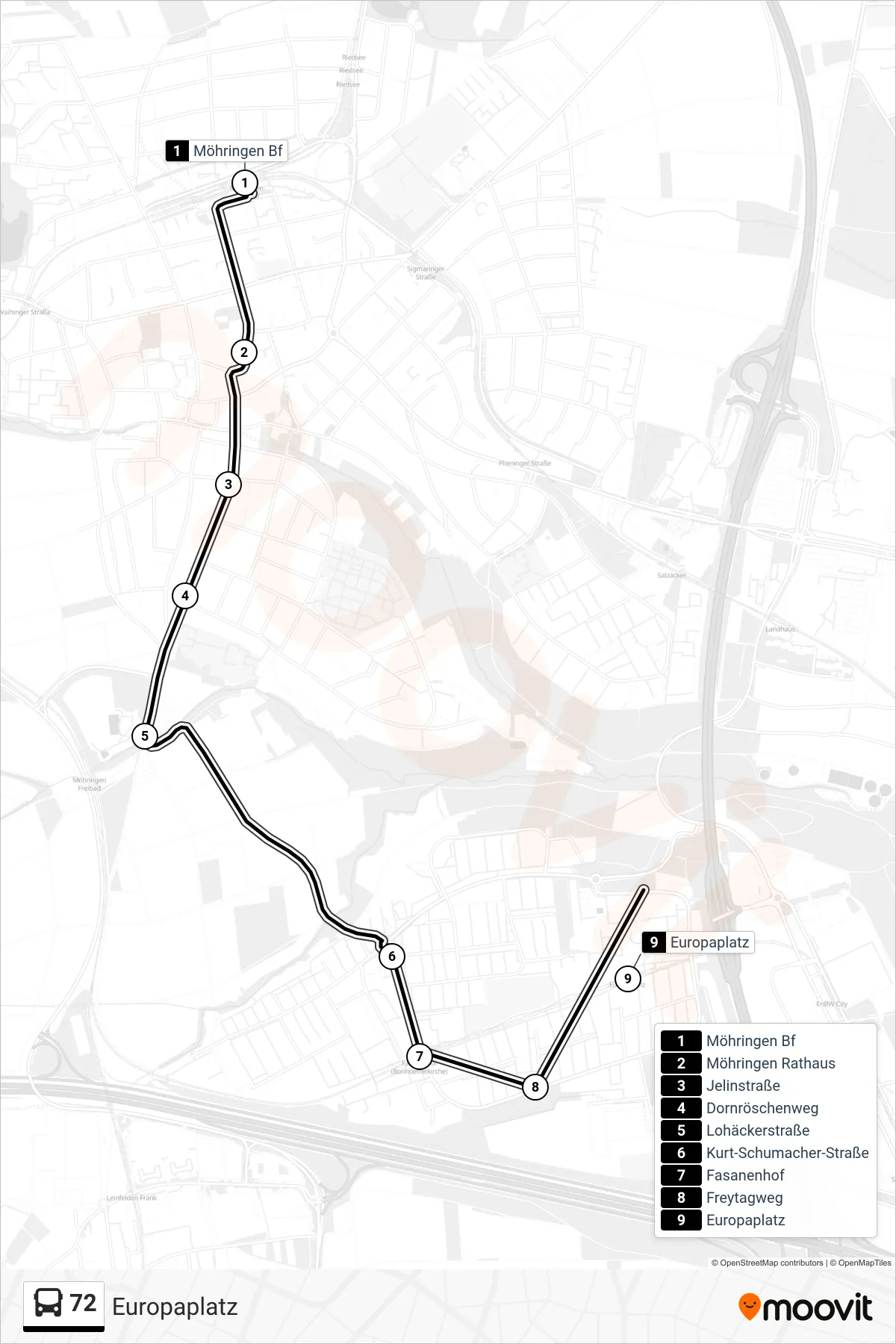 72 tram Line (Europaplatz) route and stops on a map
