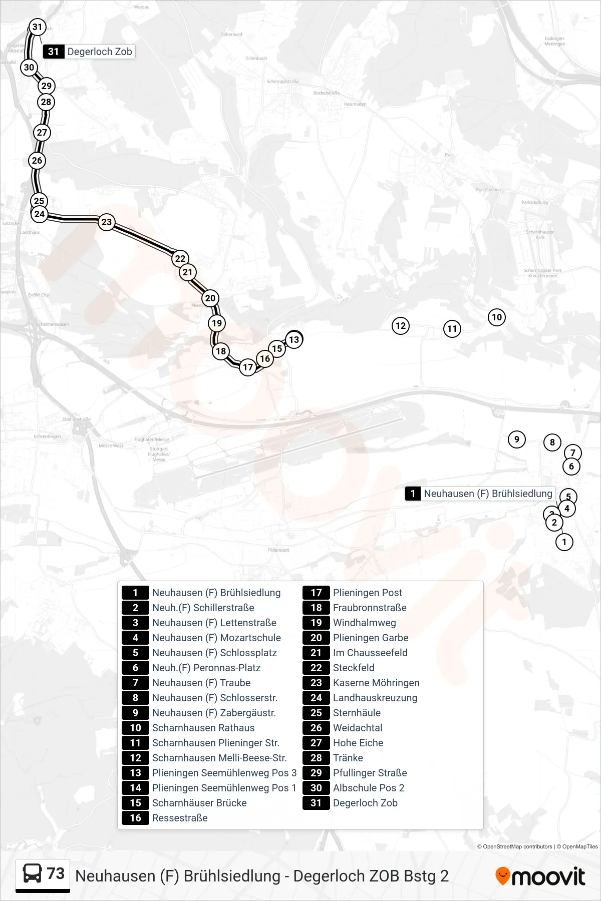 73 tram Line (Degerloch Zob) route and stops on a map