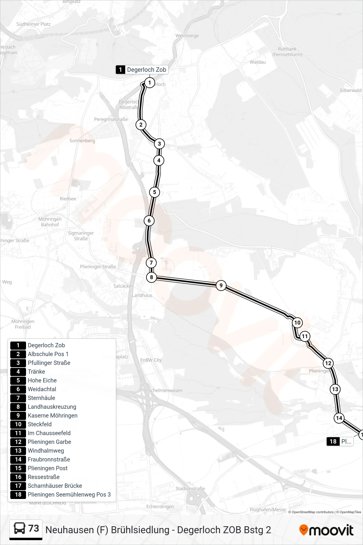 Linie 73 (Tram) Richtung Plieningen Seemühlenweg: Route und Haltestellen auf der Karte
