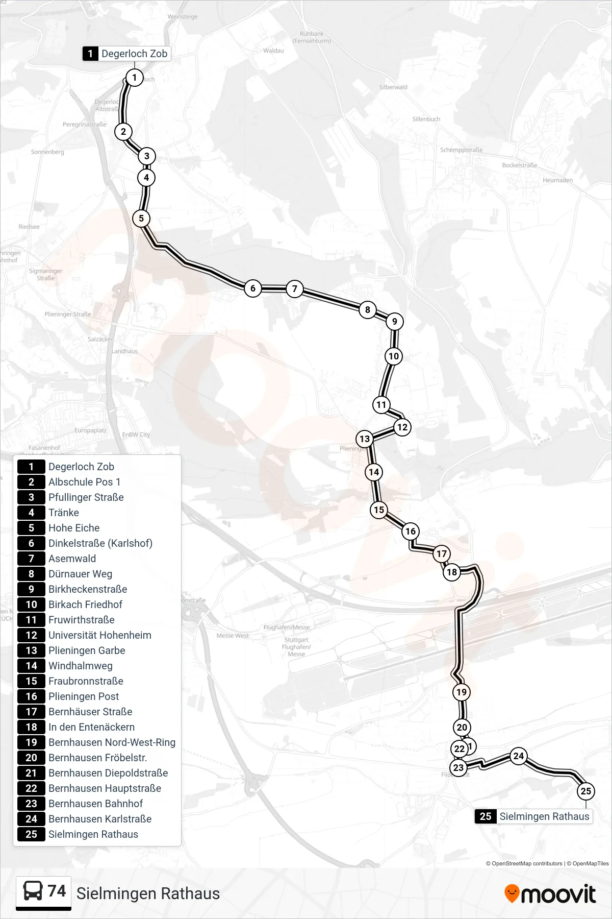 74 tram Line (Sielmingen Rathaus) route and stops on a map