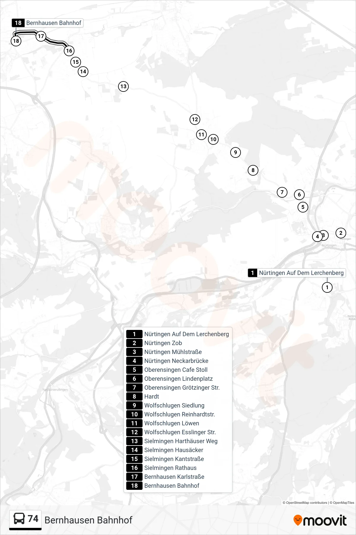 74 tram Line (Bernhausen Bahnhof) route and stops on a map