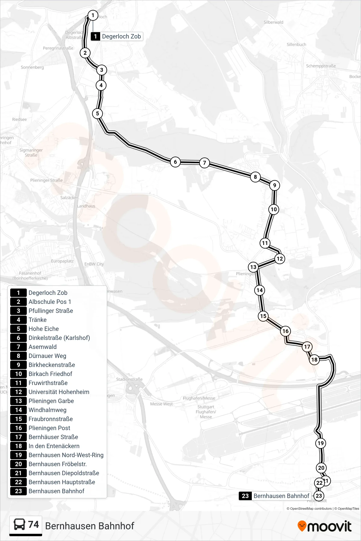 74 tram Line (Bernhausen Bahnhof) route and stops on a map