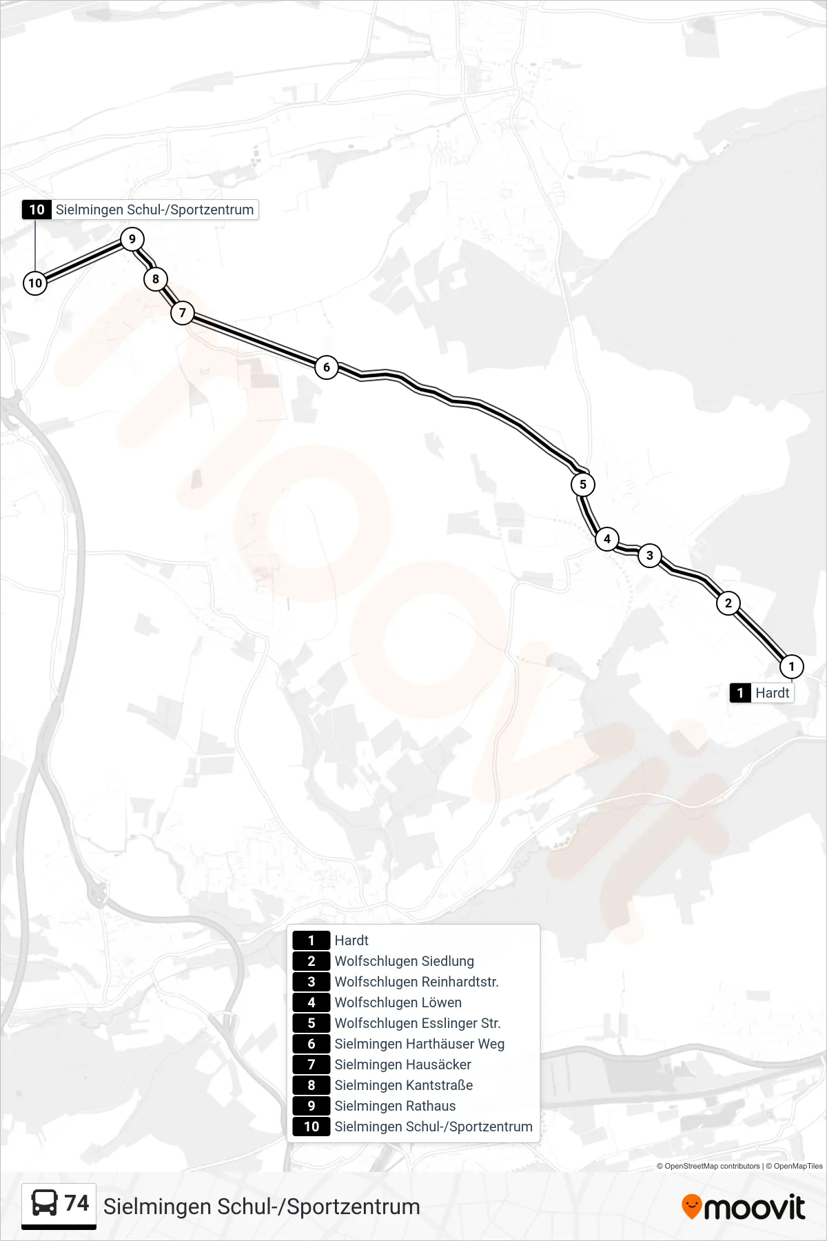 74 tram Line (Sielmingen Schul-/Sportzentrum) route and stops on a map