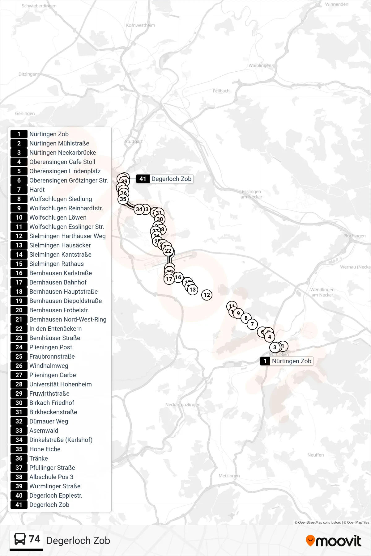 Linie 74 (Tram) Richtung Degerloch Zob: Route und Haltestellen auf der Karte