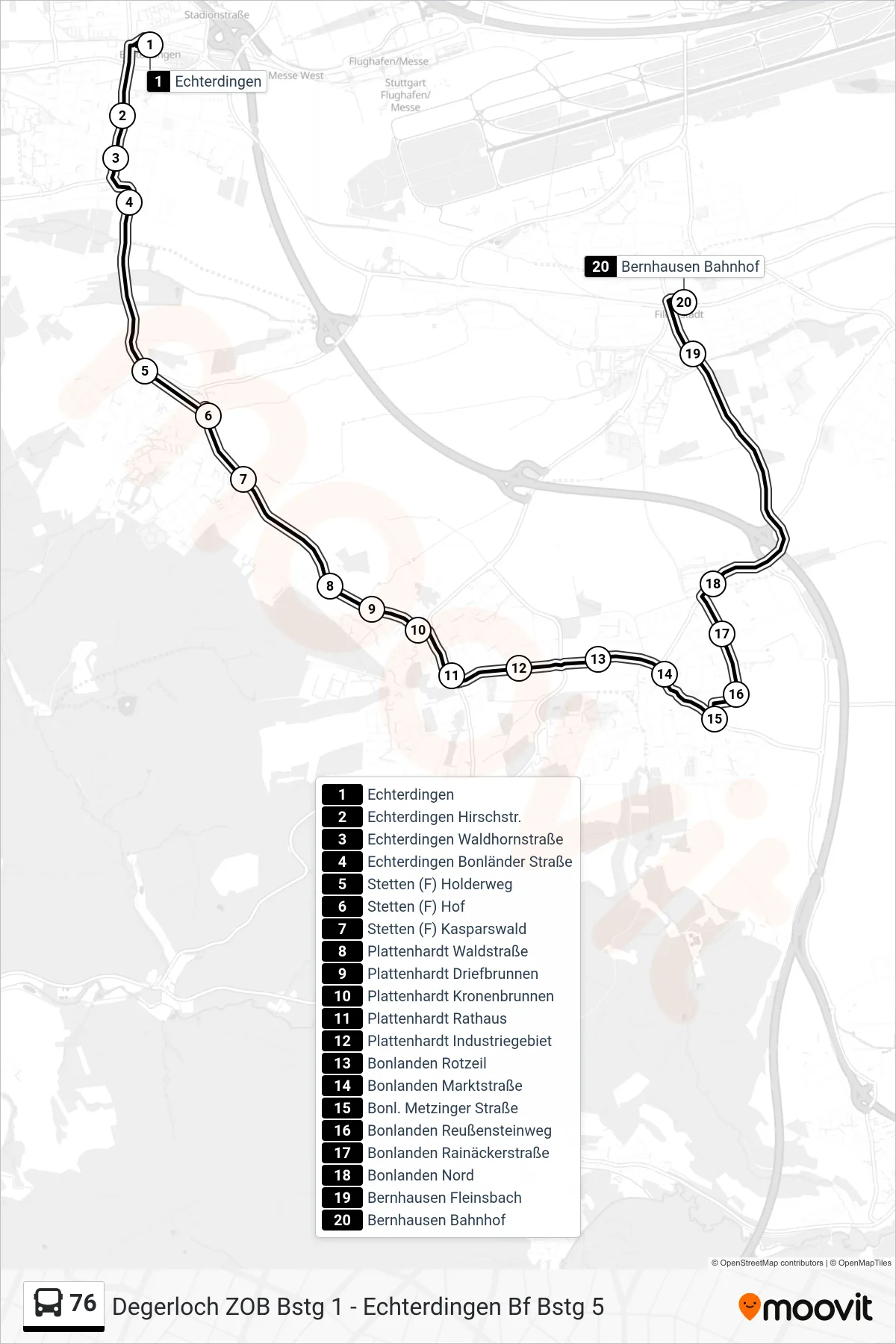 76 tram Line (Bernhausen Bahnhof) route and stops on a map