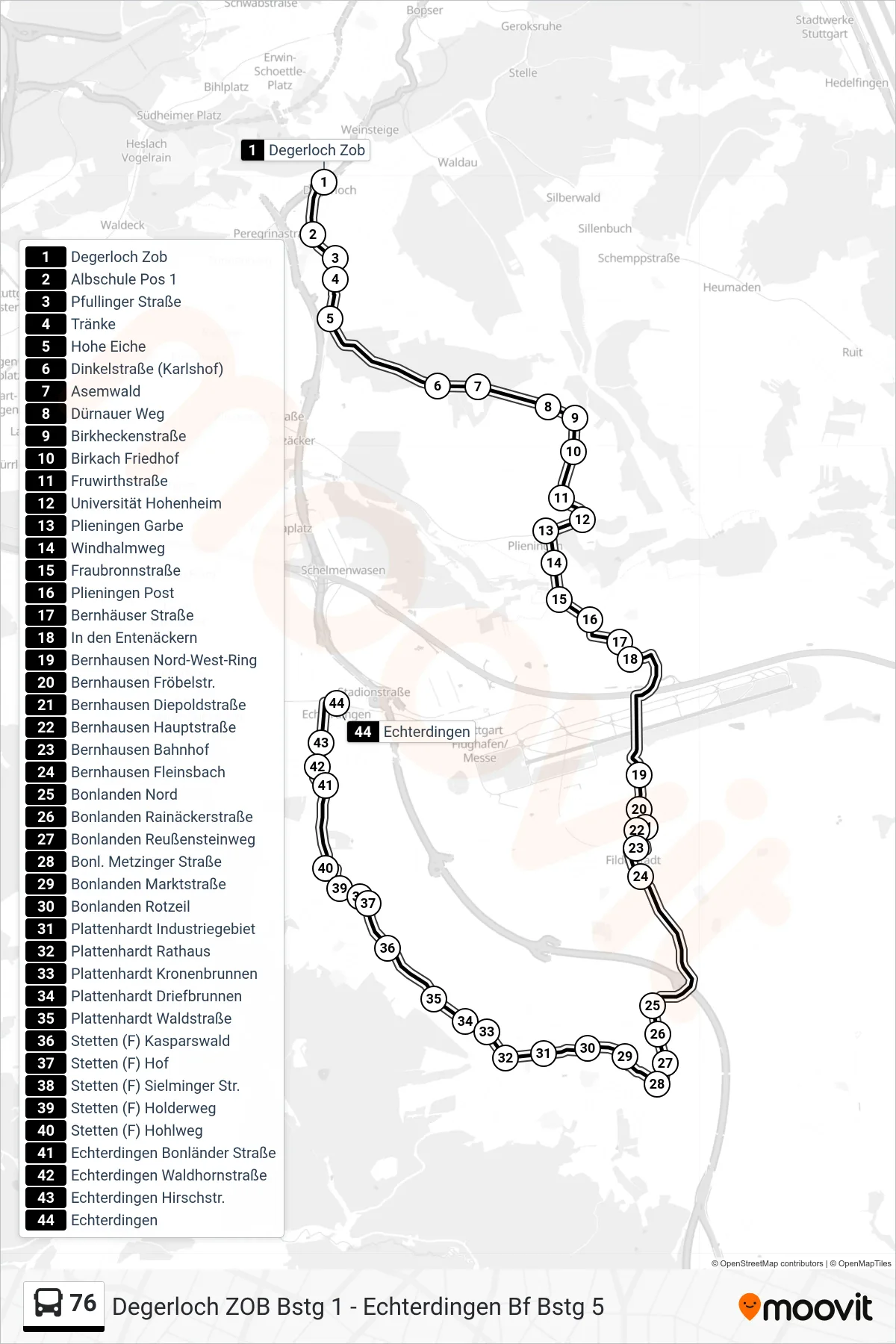 Linie 76 (Tram) Richtung Echterdingen: Route und Haltestellen auf der Karte